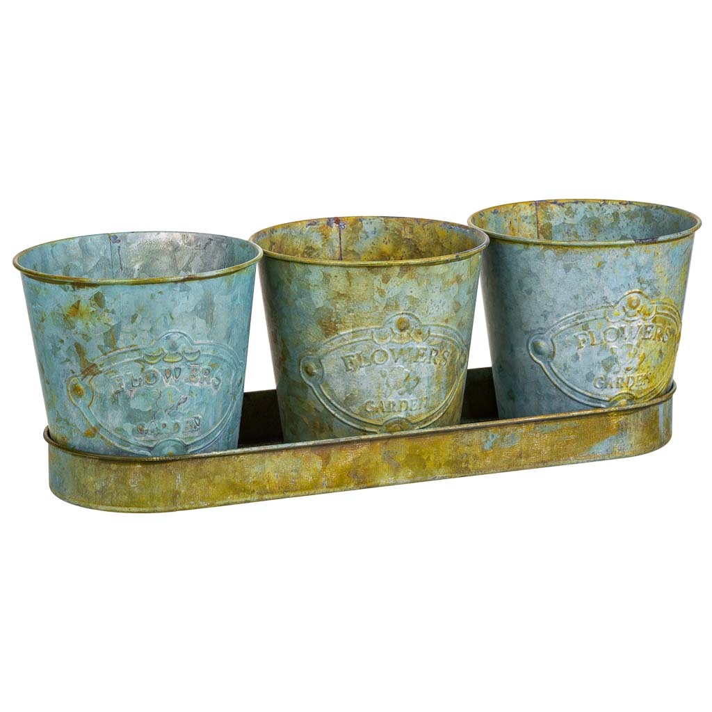 Wonderlust Deco - 3 Cubos de metal y Bandeja tray verdes Verde tray 36.5x10.5x3.5h-cubo D13x12h cm B:9.5