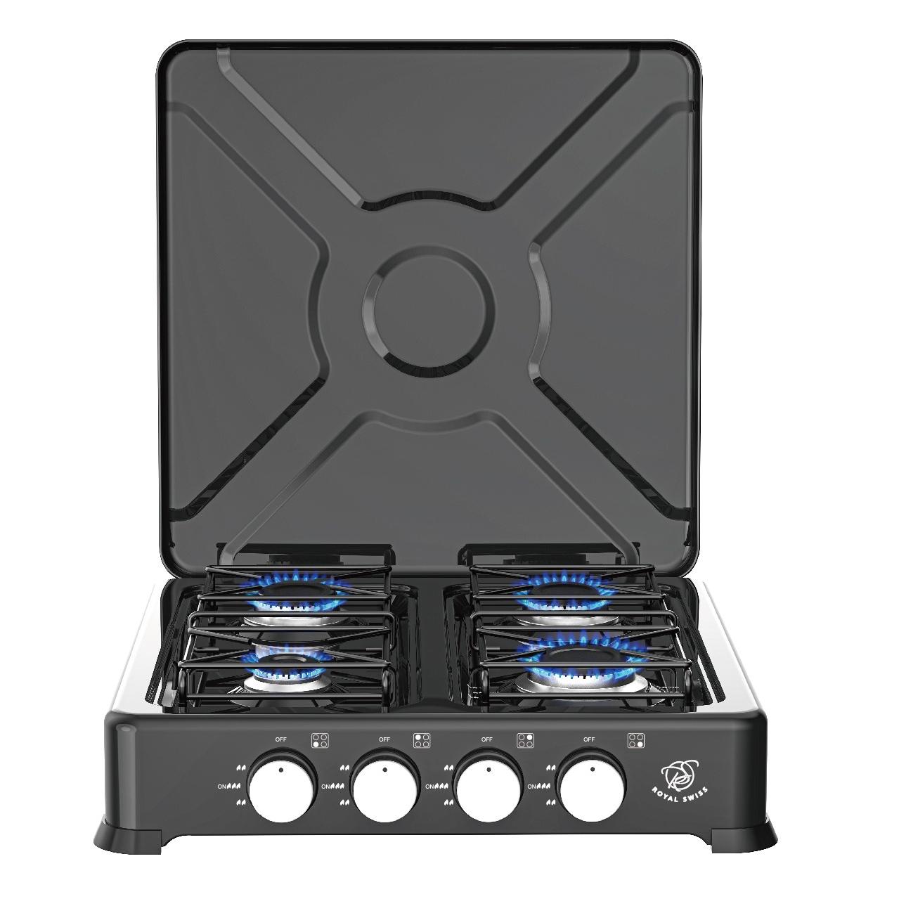 Estufa de Gas Royal Swiss 4 Quemadores 6,6 kW | Cocina Portátil de Aluminio Fundido | Tapa Plegable | Encendido Manual | Para Butano y GLP