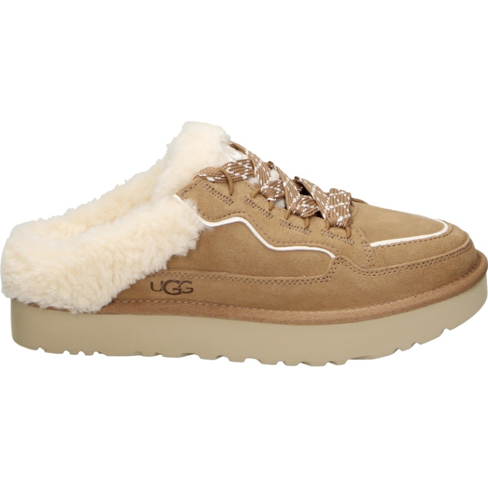 UGG| Zapato UGG Lowmel Mule para Mujer – Zueco con Borregito en Color Chesnut – Mules con Cordones – de Piel – Forro Rizado – Cómodos – Suela de EVA – Moda