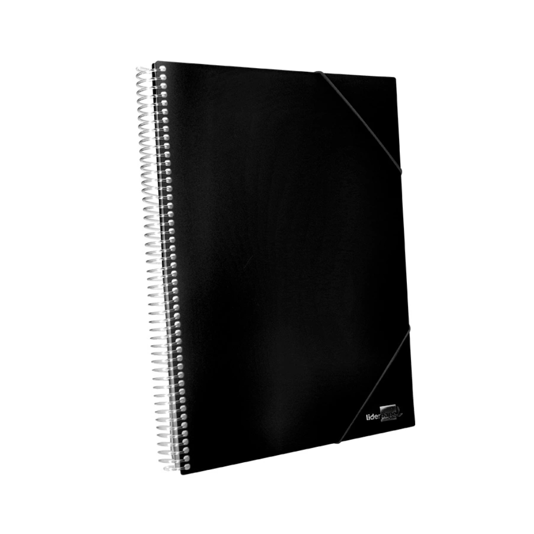 Carpeta de fundas tamaño A5, color negro, 20 fundas | LIDERPAPEL - Cuaderno con fundas polipropileno, encuadernado en espiral y pastas PVC con gomas elásticas // Ref: 10985