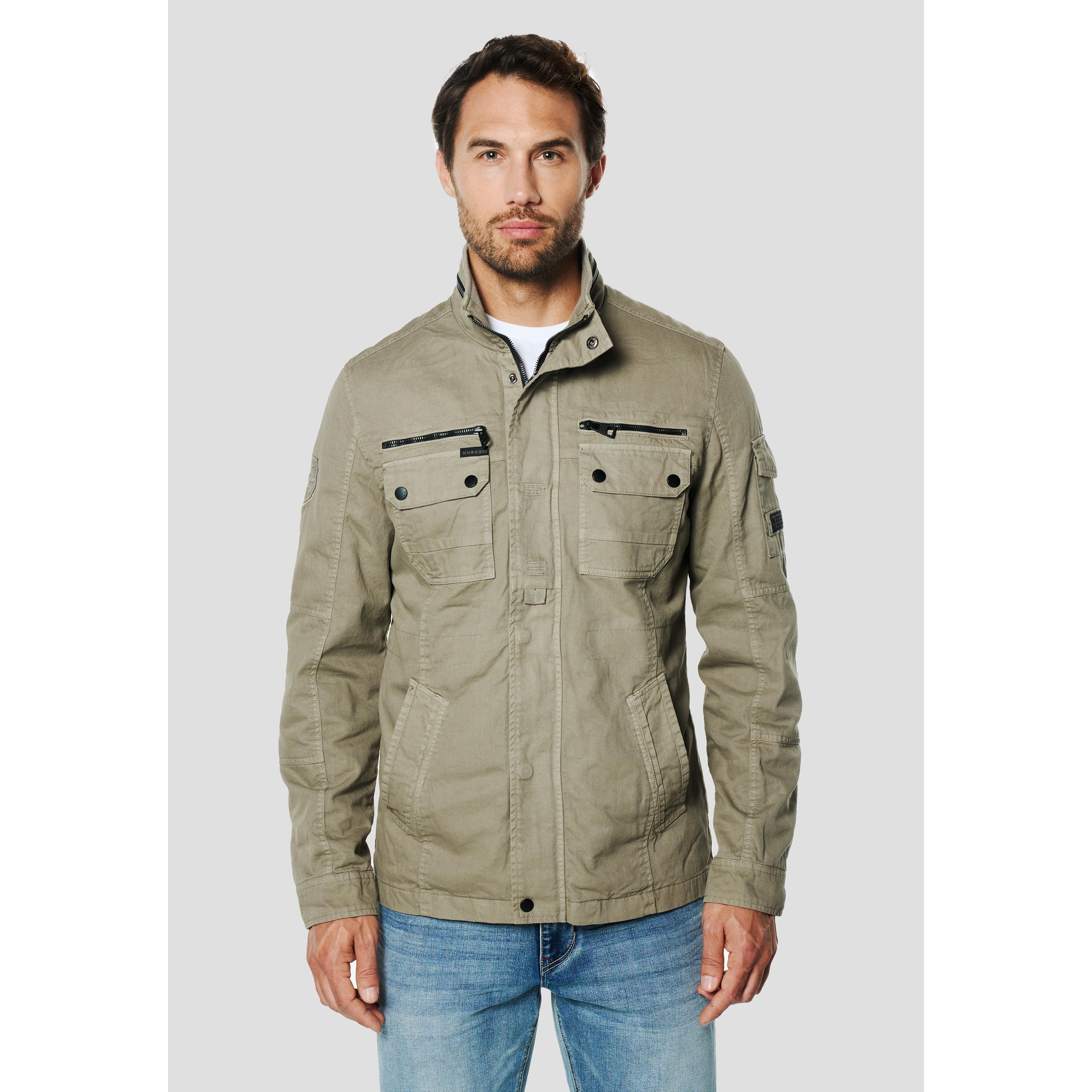 Koroshi - Chaqueta hombre estilo field multibolsillos de 100% algodón con cuello militar y cierre cremallera para entretiempo