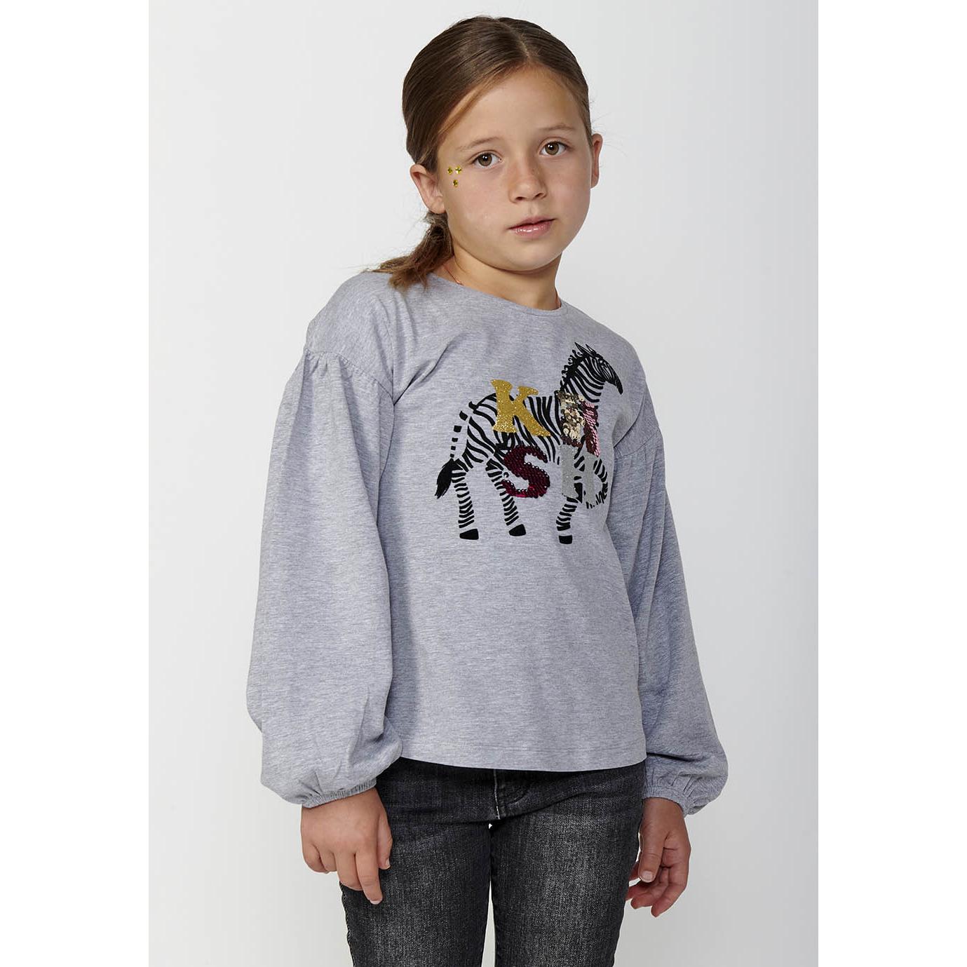 Koroshi - Camiseta niña manga larga estampada de algodón 85%, viscosa y elastano, cuello redondo gris vigoré para colegio y tiempo libre