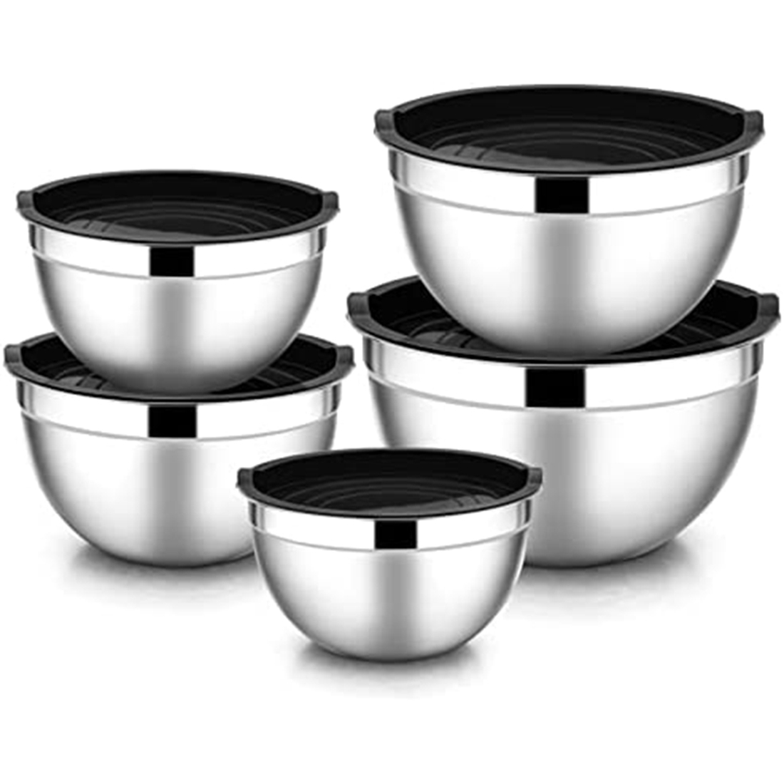 Cuenco para mezclar de 5 piezas, ensaladera apilable de acero inoxidable con tapa hermética, para servir para cocinar y hornear cuenco, Etc.