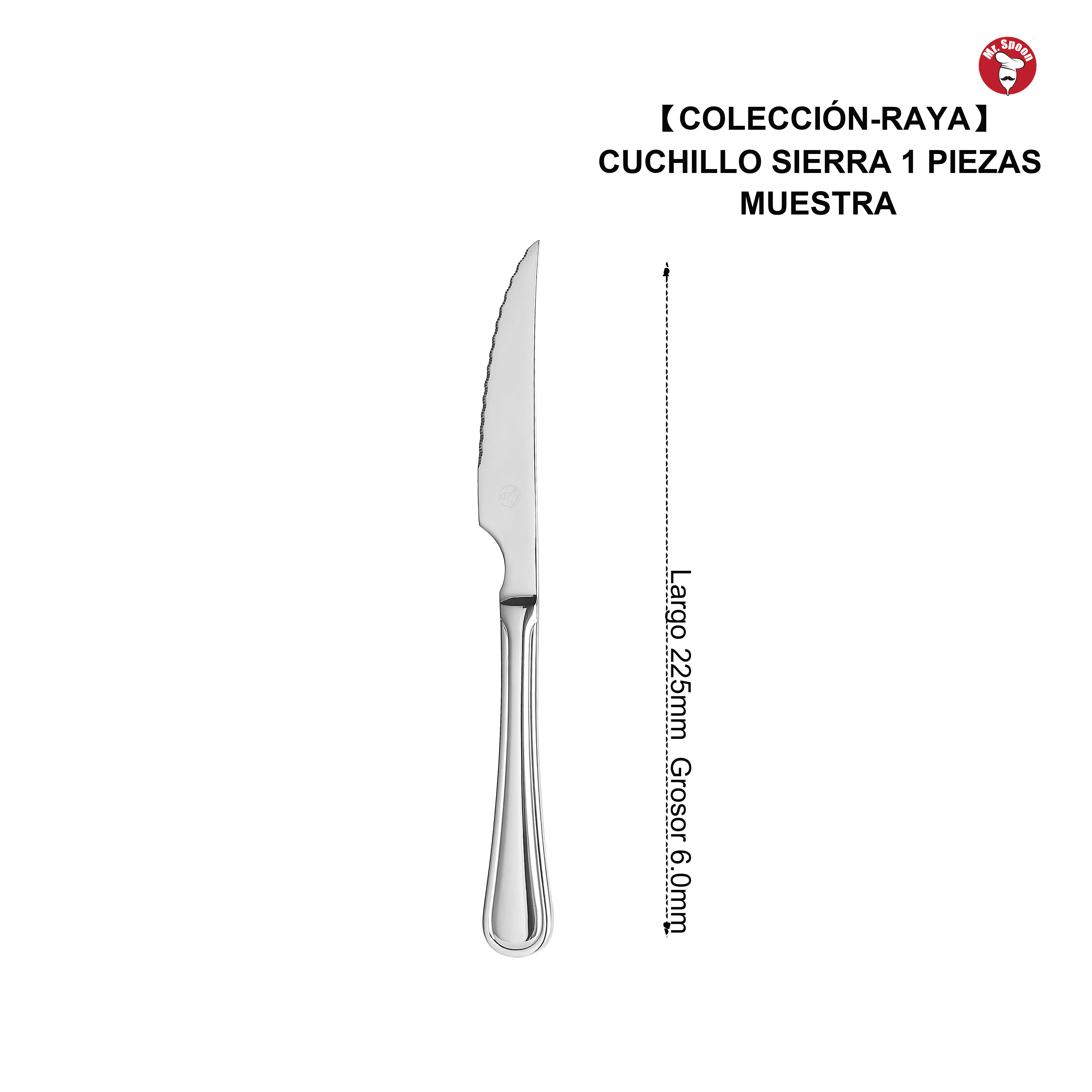 Cuchillo de Carne / Cuchillo de Sierra Mr.Spoon Serie Raya Clásica 225mm Acero Inoxidable 13/0 Plateado, Corte Preciso para Carne y Asados, Diseño Elegante y Funcional, Apto para Lavavajillas,Uso Profesional Hostelería Restaurante Hotel Venta Mayorista