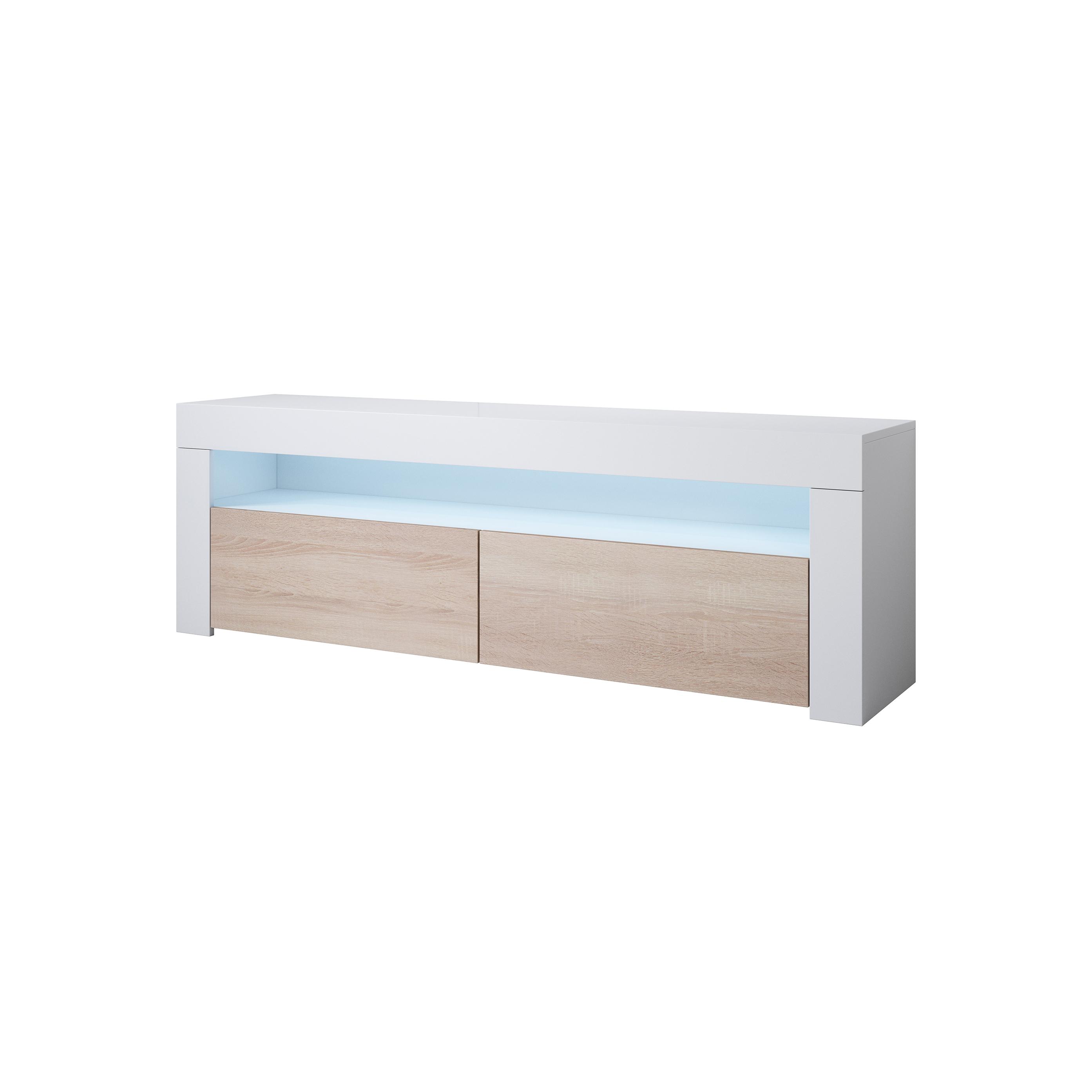 MB Muebles Bonitos - Mueble TV moderno Aker de melamina con iluminación LED azul para salón, ancho 140 cm, 2 puertas abatibles y compartimento iluminado