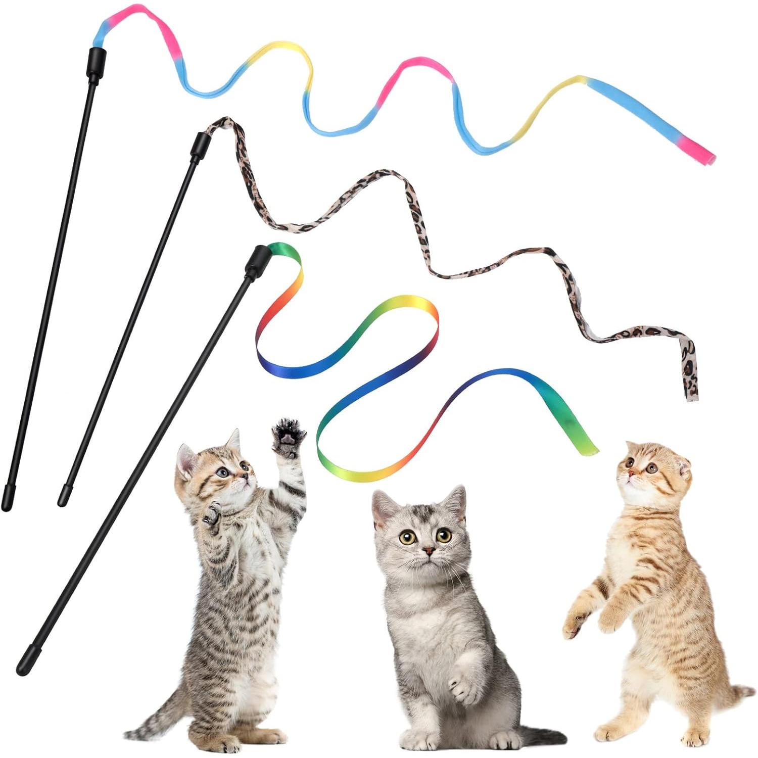 Juego de 3 Varitas para Gatos, Varita Interactiva para Gatos de 30 cm with Cuerda de Banda Arco Iris de 60 cm Canvas Arco Iris Estampada de Leopardo para Mascotas Gatito Entrenamiento