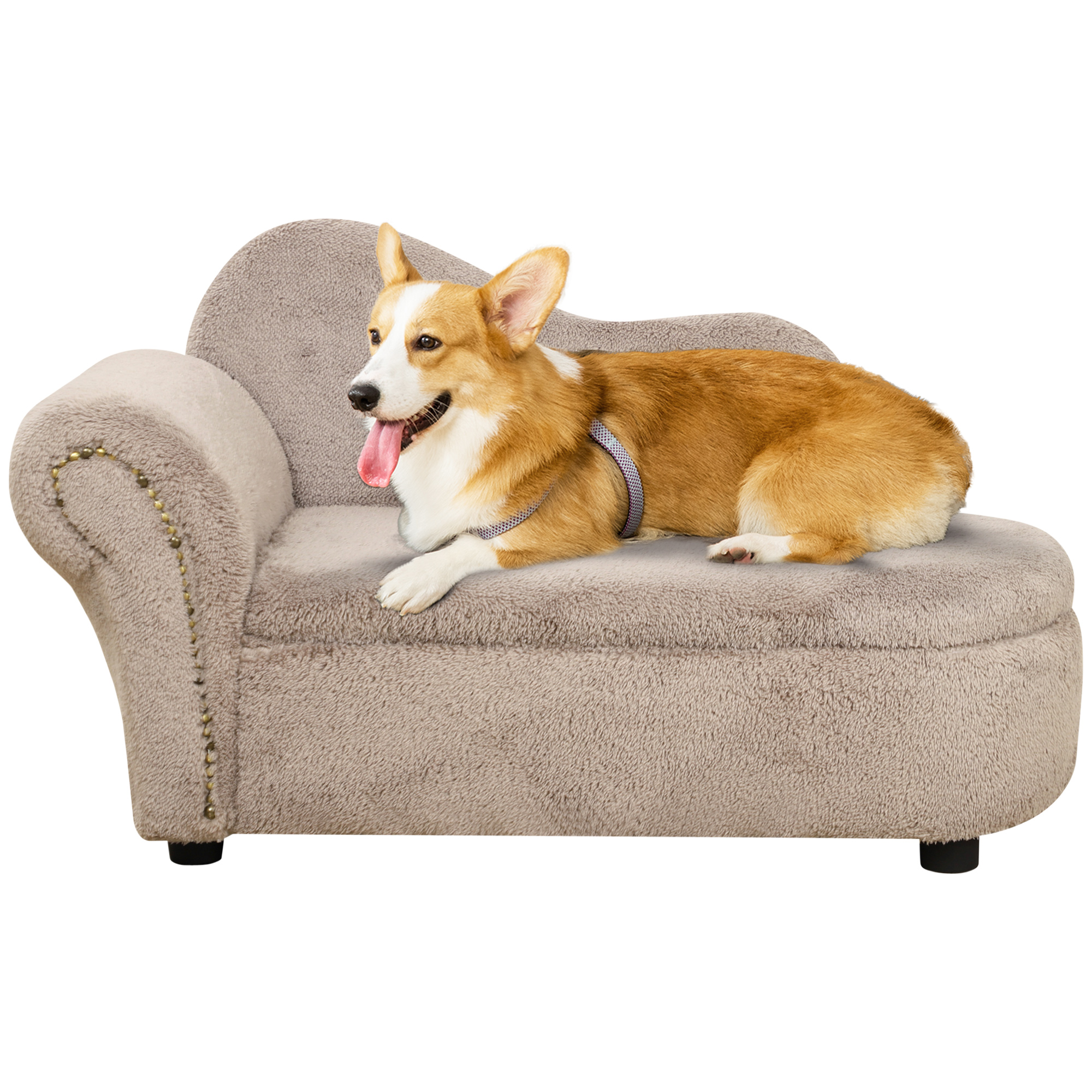 PawHut Sofá para Perros, Sofá para Mascotas con Aspecto de Terciopelo, Sofá para Perros, Sofá para Gatos, Silla para Perros con Patas de Madera, Cama para Mascotas con Espacio de Almacenamiento, Beige, 80 x 40 x 46 cm