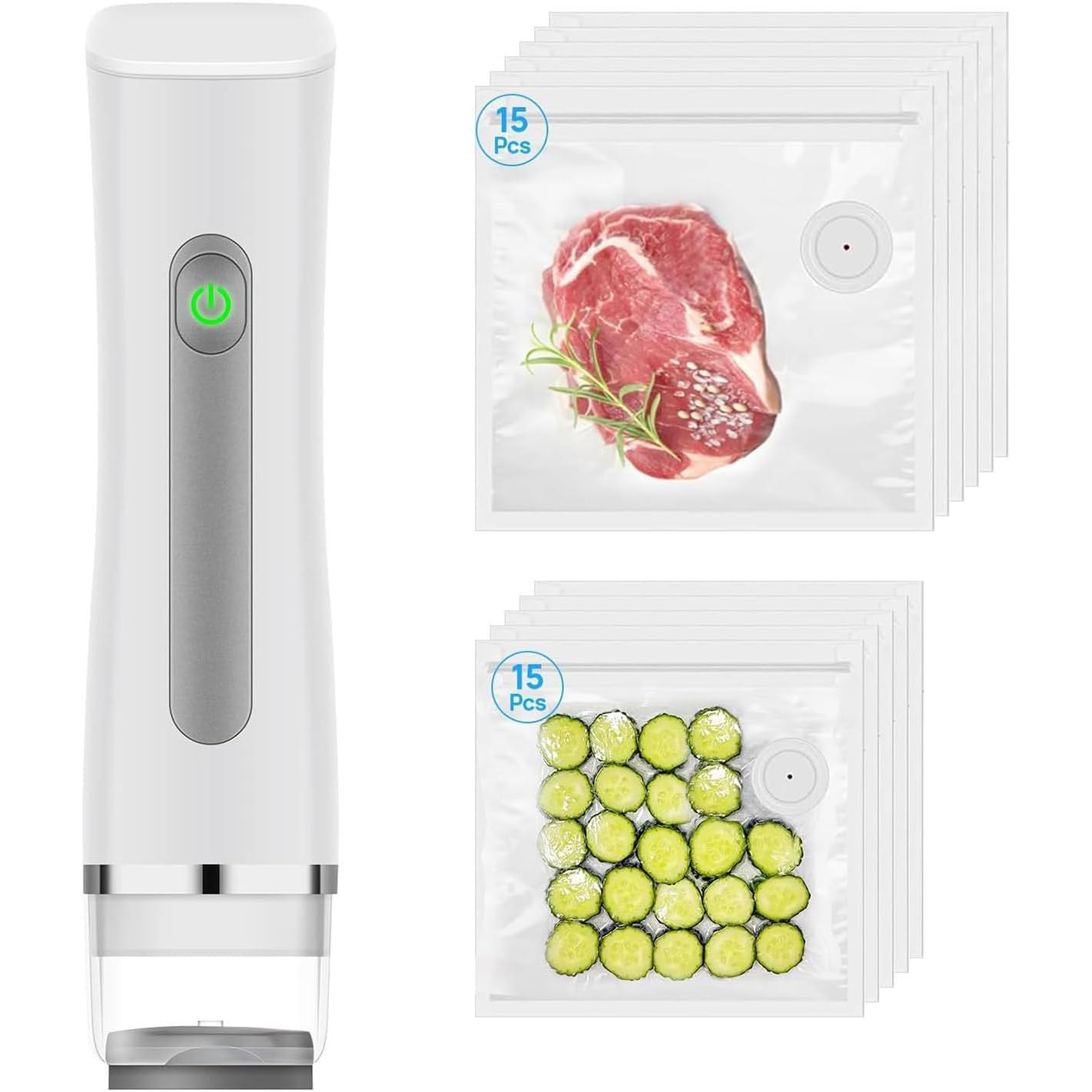 Sellador al vacío para alimentos con tanque de agua visible, sellador al vacío compacto de mano, máquina de vacío de seguridad alimentaria y almacenamiento con 30 bolsas de vacío