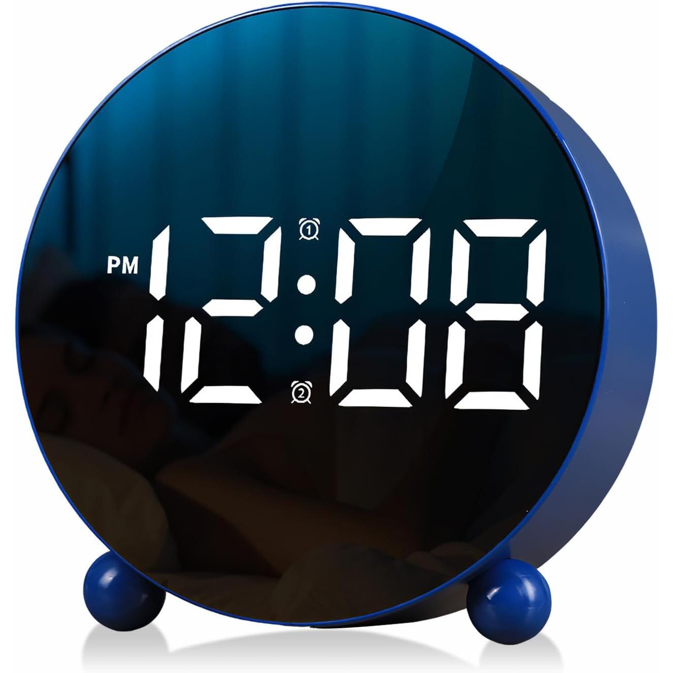 Reloj despertador digital, reloj despertador con pantalla LED redonda, reloj digital pequeño con doble campana, 3 niveles de brillo ajustables, reloj de escritorio silencioso, reloj despertador de