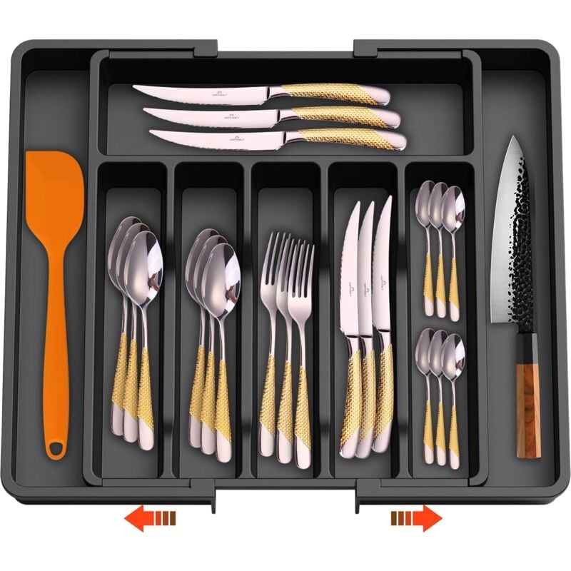 OmHO Organizador de cajones ajustable para cocina: ideal para organizar y almacenar cubiertos de mesa (negro)