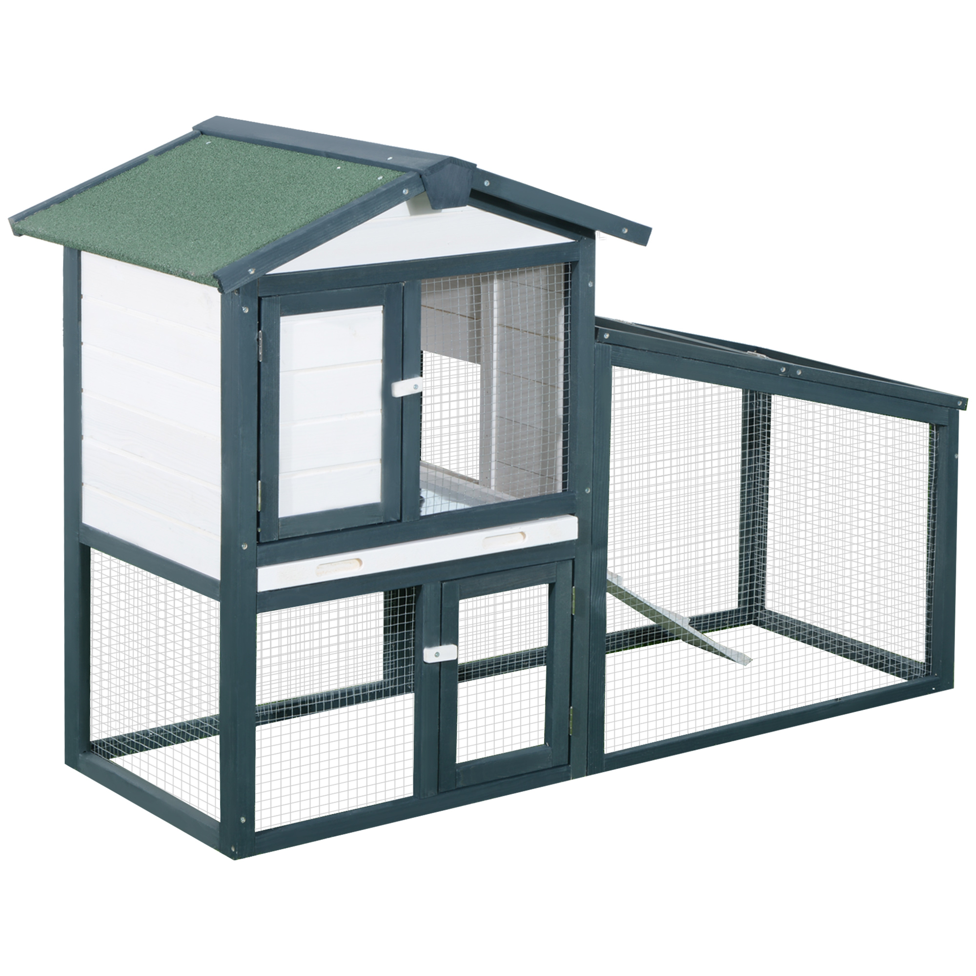 PawHut Conejera de Madera Exterior Jaula para Conejos de 2 Niveles con Bandeja Extraíble y Múltiples Entradas Techo de Asfalto Cobayas Gallinas 140x65x100 cm Verde