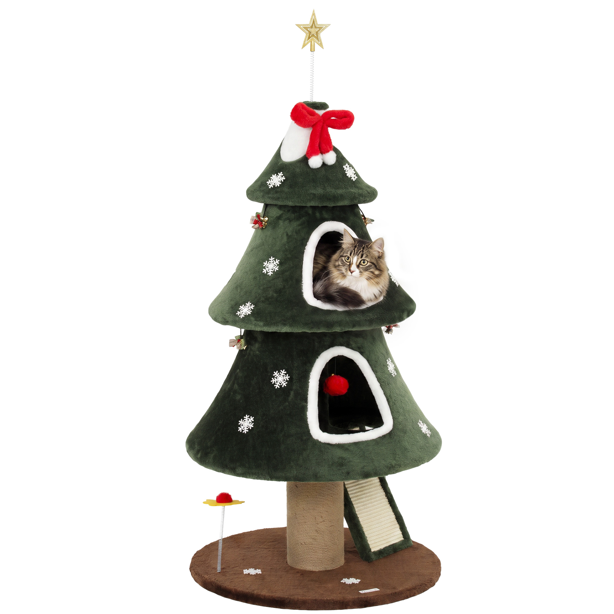 PawHut Árbol Rascador para Gatos 132 cm, Diseño de Navidad, Torre para Gatos de Felpa con 2 Casitas, Escalera de Sisal, Postes de Yute, Cuerda Antivuelco, Bolas Colgantes, 60x60x132 cm, Verde