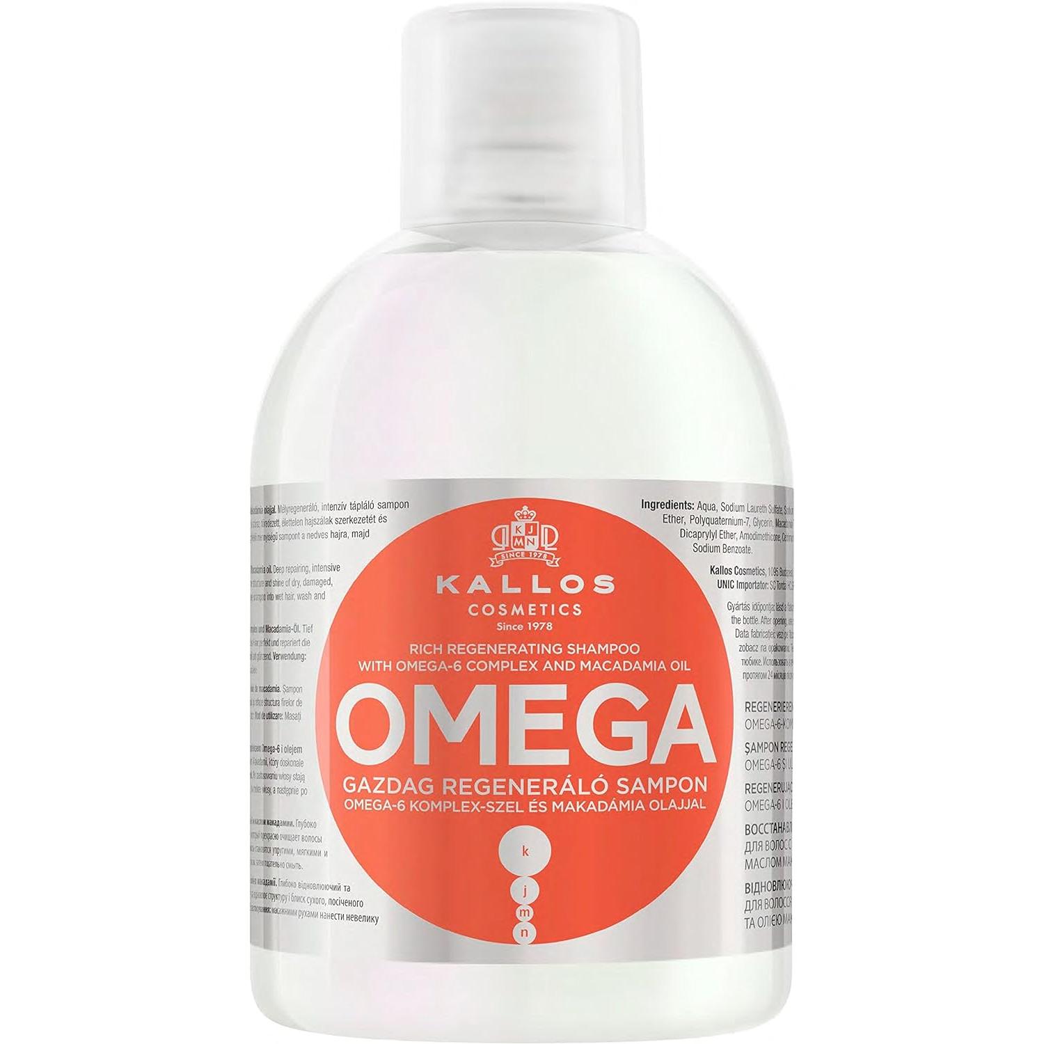 Kallos Champú Reparador Kjmn Omega Rich para Cabello sin Vida y Dañado Con Complejo Omega-6 y Aceite de Macadamia 1000ml