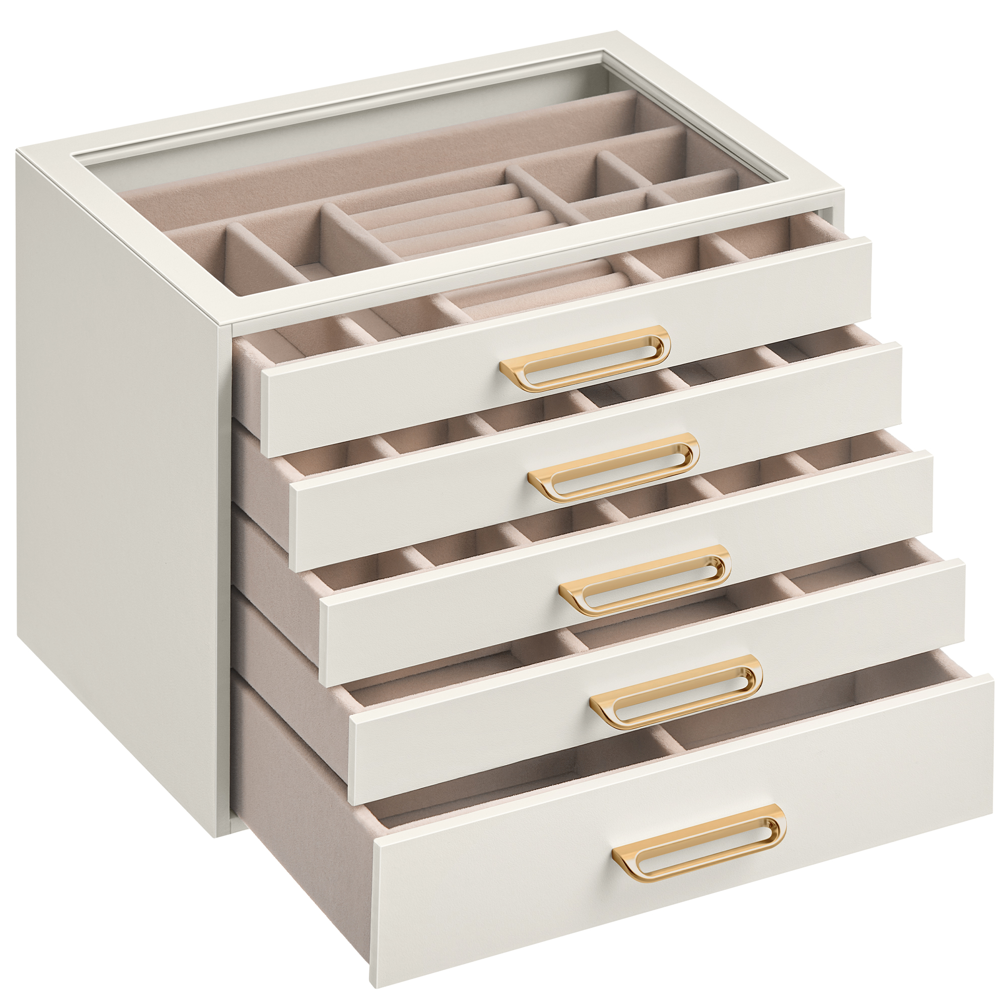 SONGMICS Caja de Joyas, Organizador de Joyería de 5 Niveles con Ventana de Vidrio, 5 Cajones, Gran Capacidad, Moderna, Tiradores Dorados, Idea de Regalo, 17,2 x 24 x 18,4 cm, Blanco Crema