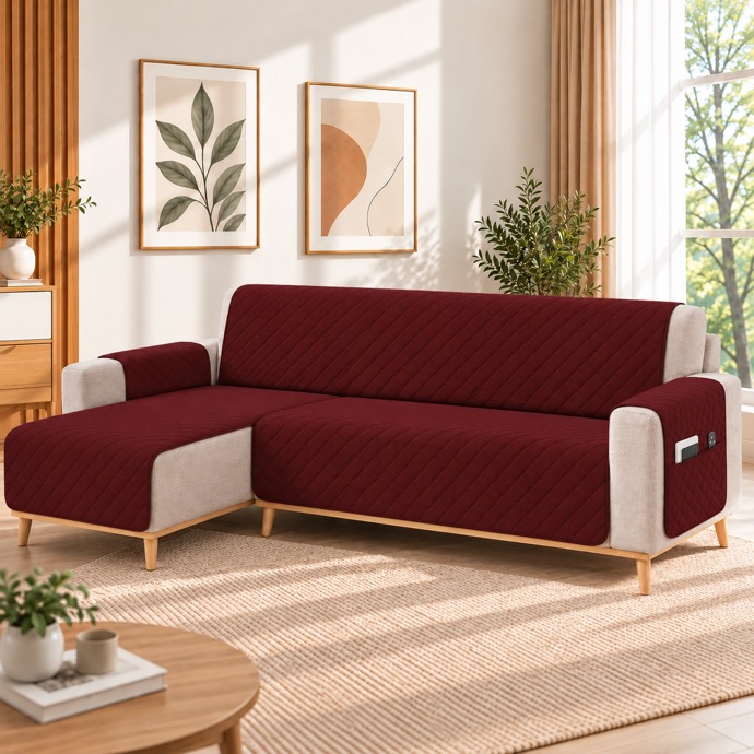 Kynley Protector de Sofá Chaise Longue Acolchado, Funda Cubre Sofá Antideslizante Lavable con Bolsillo, Protector para Mascotas, Chaise Izquierda/Derecha, 2M/2,4M/2,8M