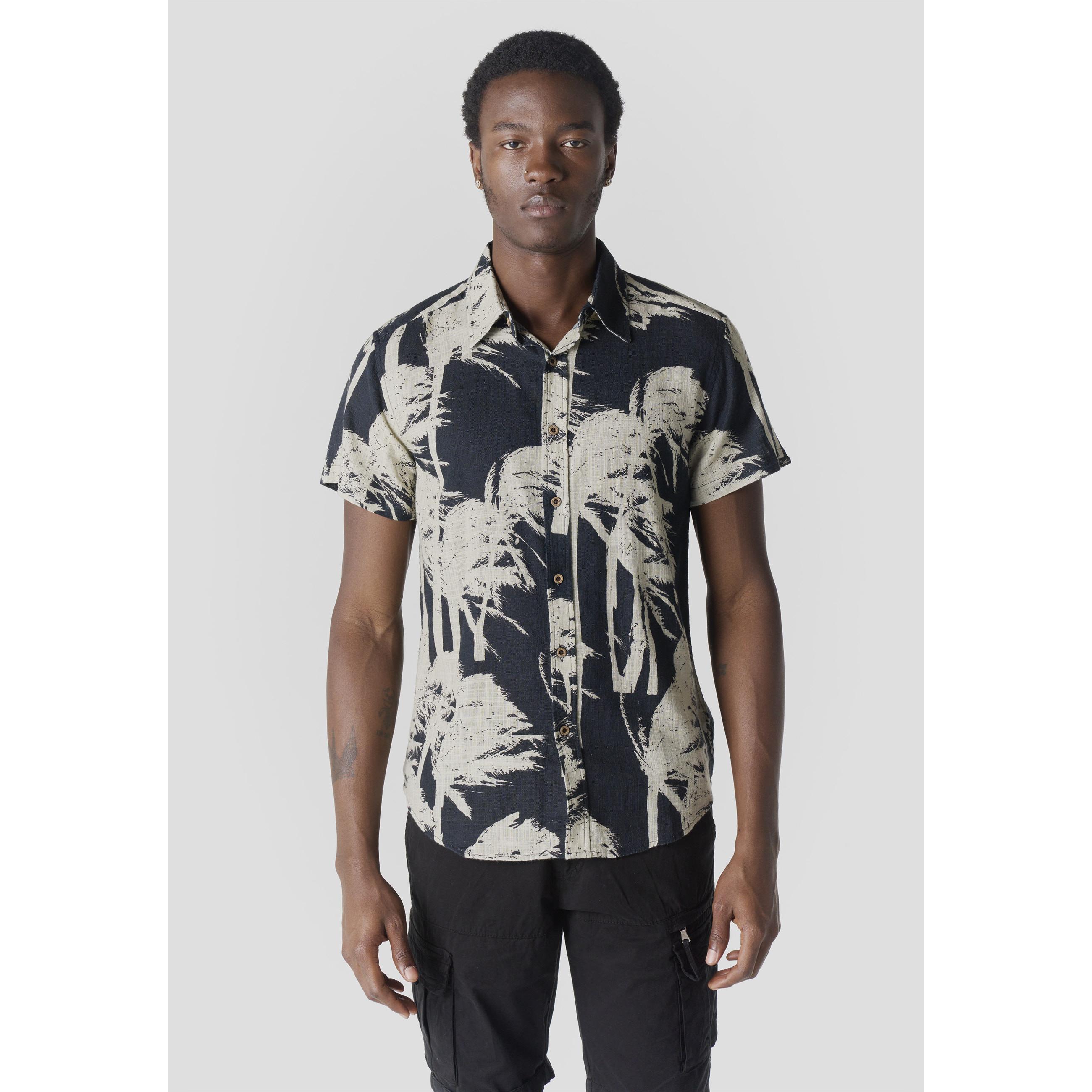 Koroshi - Camisa manga corta para hombre de algodón slub con estampado tropical all-over, corte casual regular, ideal para primavera y verano