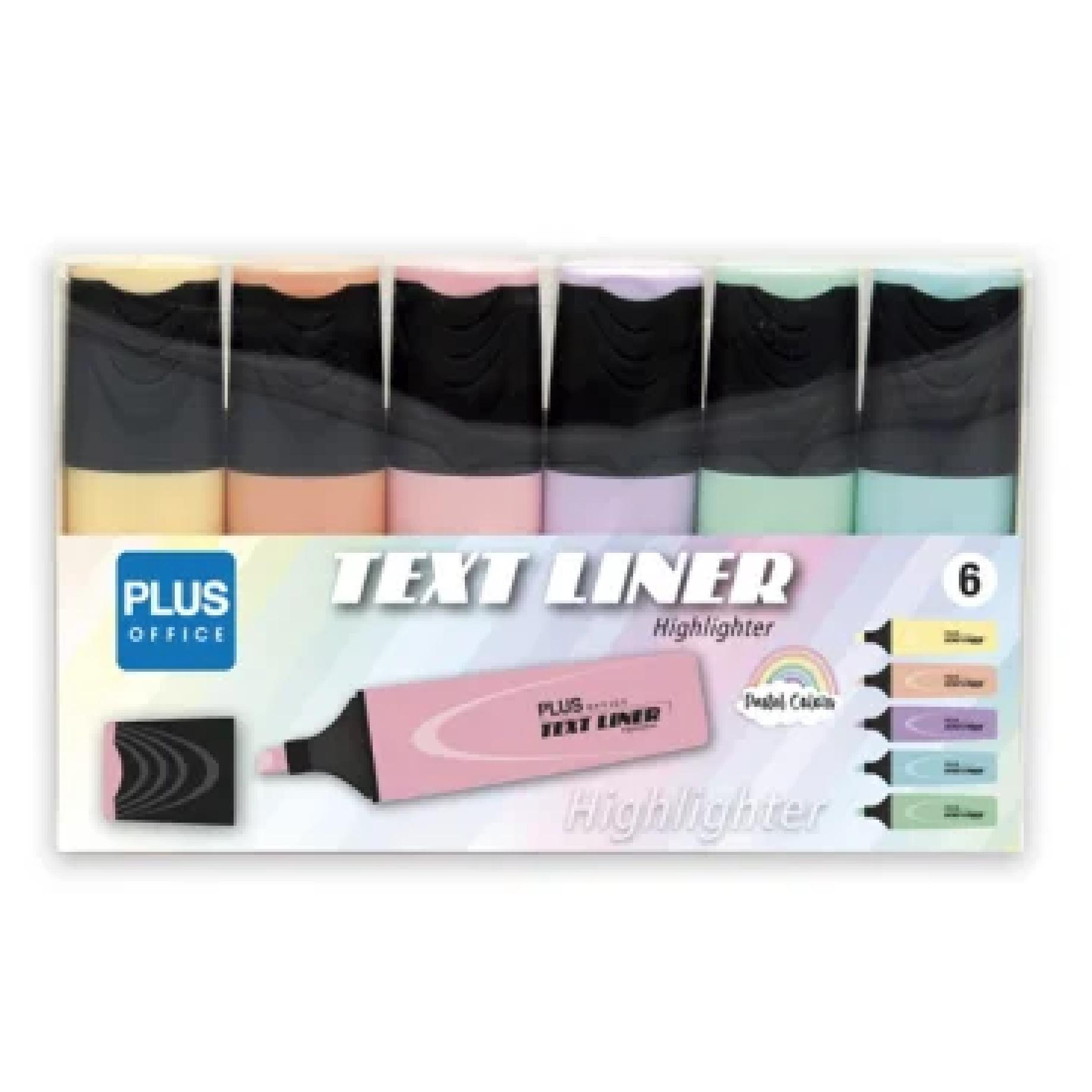 Rotuladores Fluorescentes PLUS OFFICE TextLiner 3.2 - Subrayadores de 6 Colores Neon y 6 Colores Pastel, con Tinta Pigmentada al Agua. Punta Biselada y Tinta Brillante. Gran capacidad de tinta 3.2 Gramos