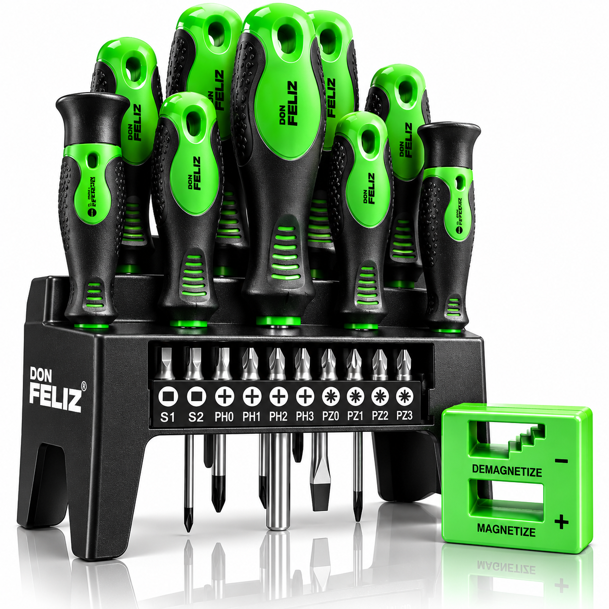 DON FELIZ - Juego de destornilladores profesional 22 en 1 con soporte de sobremesa incluido, apto para montaje de muebles, reparación de electrodomésticos y dispositivos pequeños