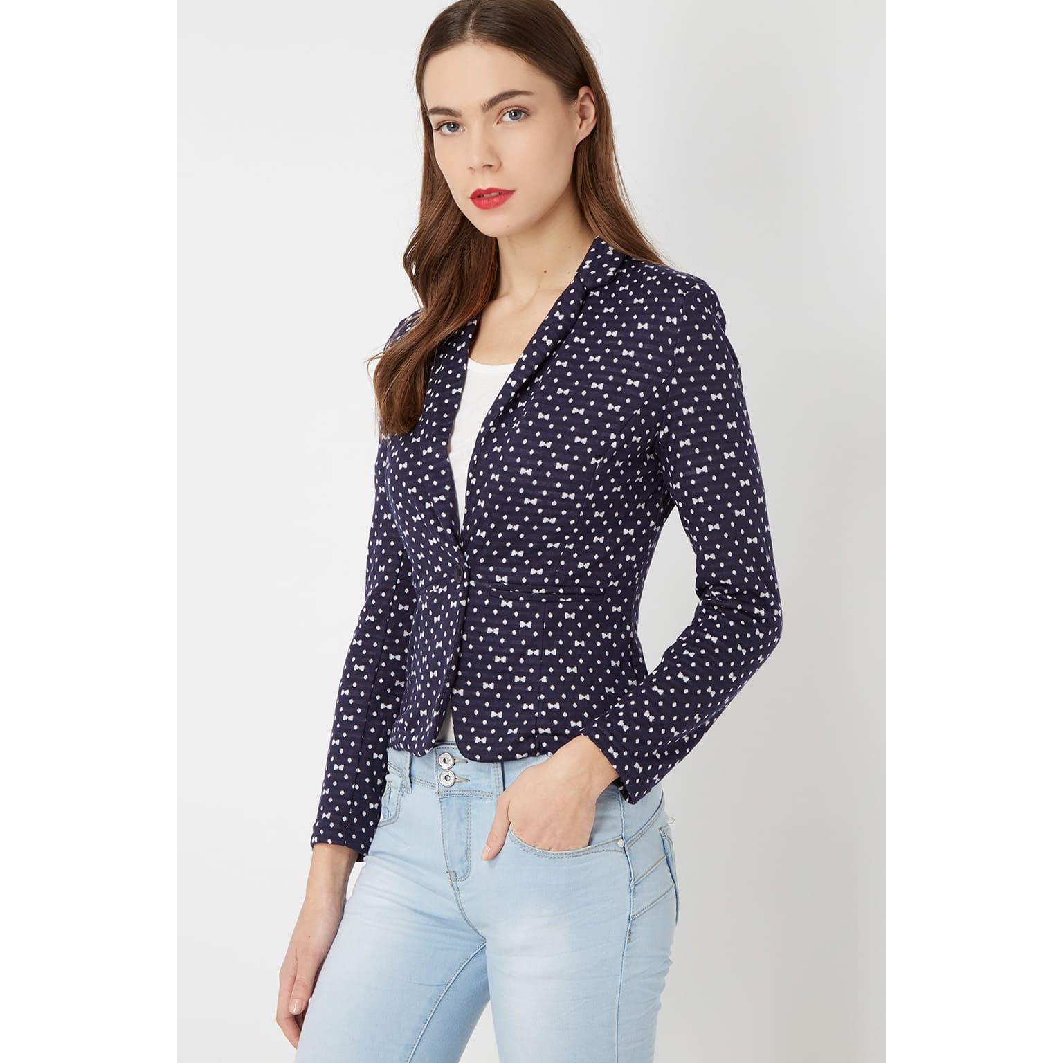 Blazer mujer, chaqueta entallada, americana lunares, manga larga, tela ligera, estilo elegante y moderno, ideal trabajo, oficina, polka dots, color azul marino, talla L, look versátil y fresco ✅Entrega 24/48h