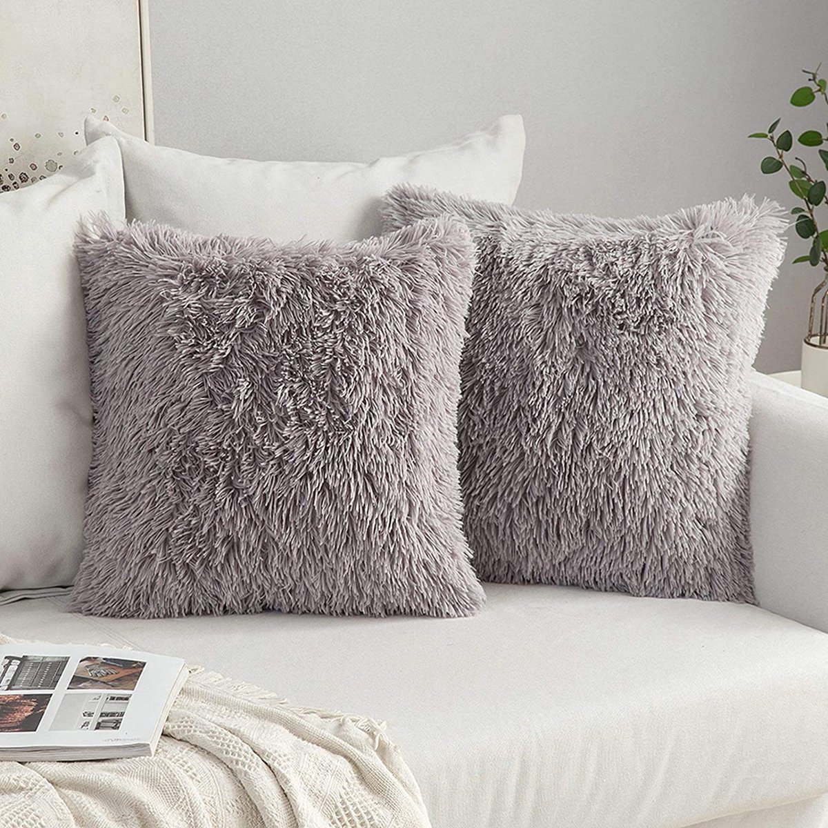 Fundas de almohada de felpa Elkuaie (2 unidades) - Cojines de piel sintética suave de 43x43 cm - Decorativos para sofá y cama - 2 piezas - Sala de estar y dormitorio - Gris plateado