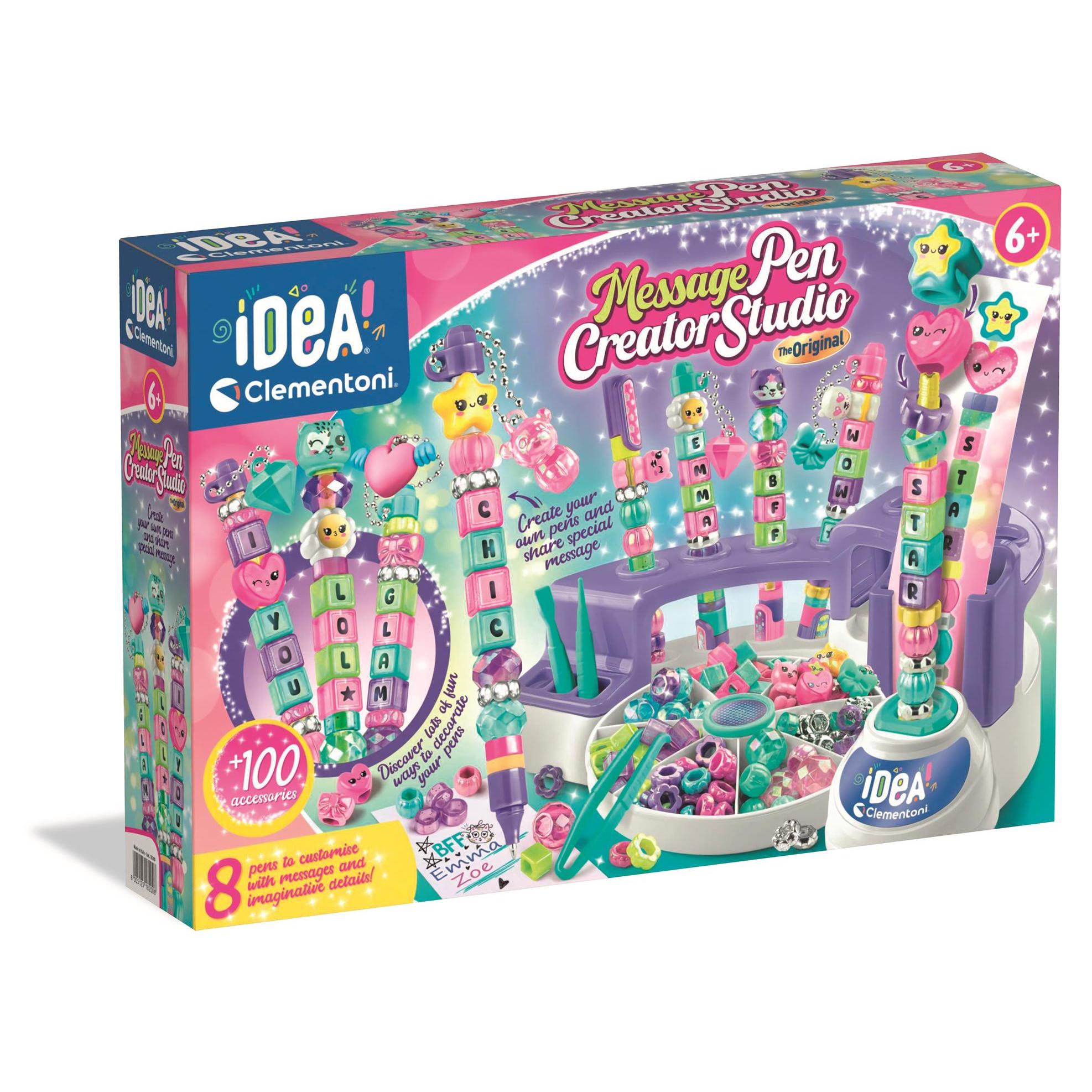 Clementoni - Laboratorio de bolígrafos con mensaje - Personaliza bolígrafos coloridos con cuentas, pegatinas y letras - Inspira la imaginación - Niños a partir de 6 años