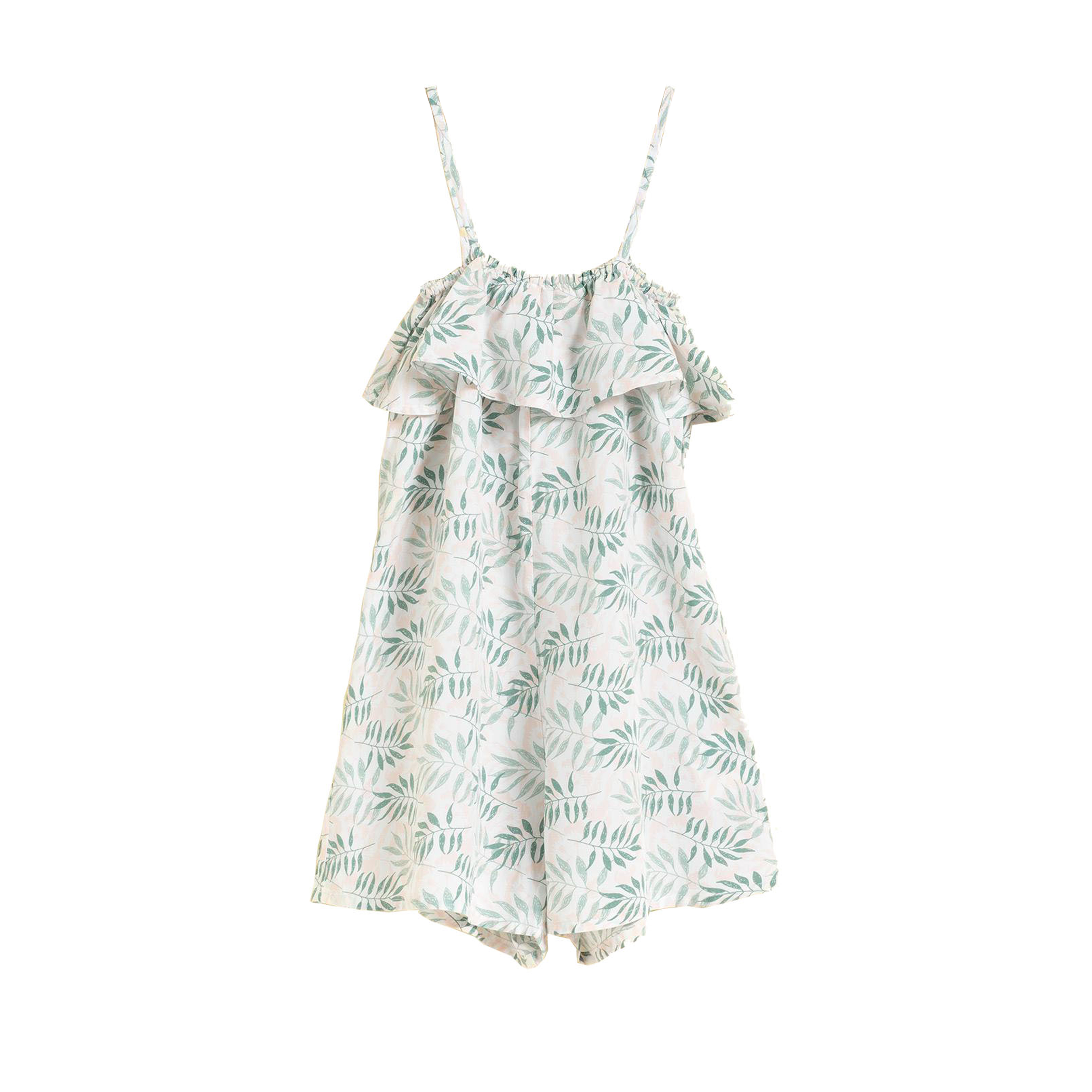 Mono Corto de Verano para Niña Petit Alo Tirantes Regulables, Volante, Estampado de Hojas del Bosque Fresco y Ligero