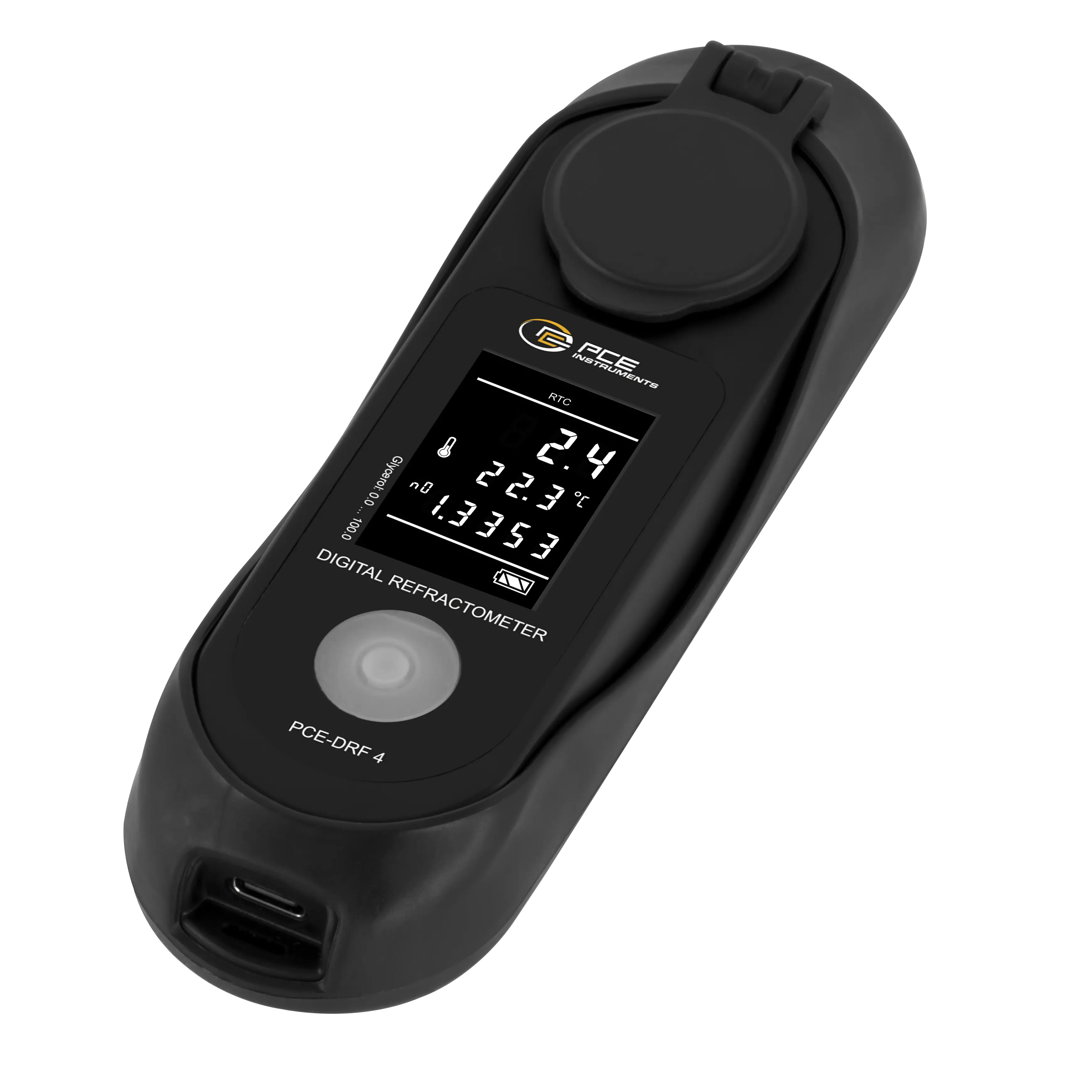 Refractómetro para glicerina / Rango 0 ... 100 % / Medición adicional del índice de refracción: 1,3330 ... 1,4740 nD / Batería recargable / Carcasa ABS con protección IP65 / PCE Instruments