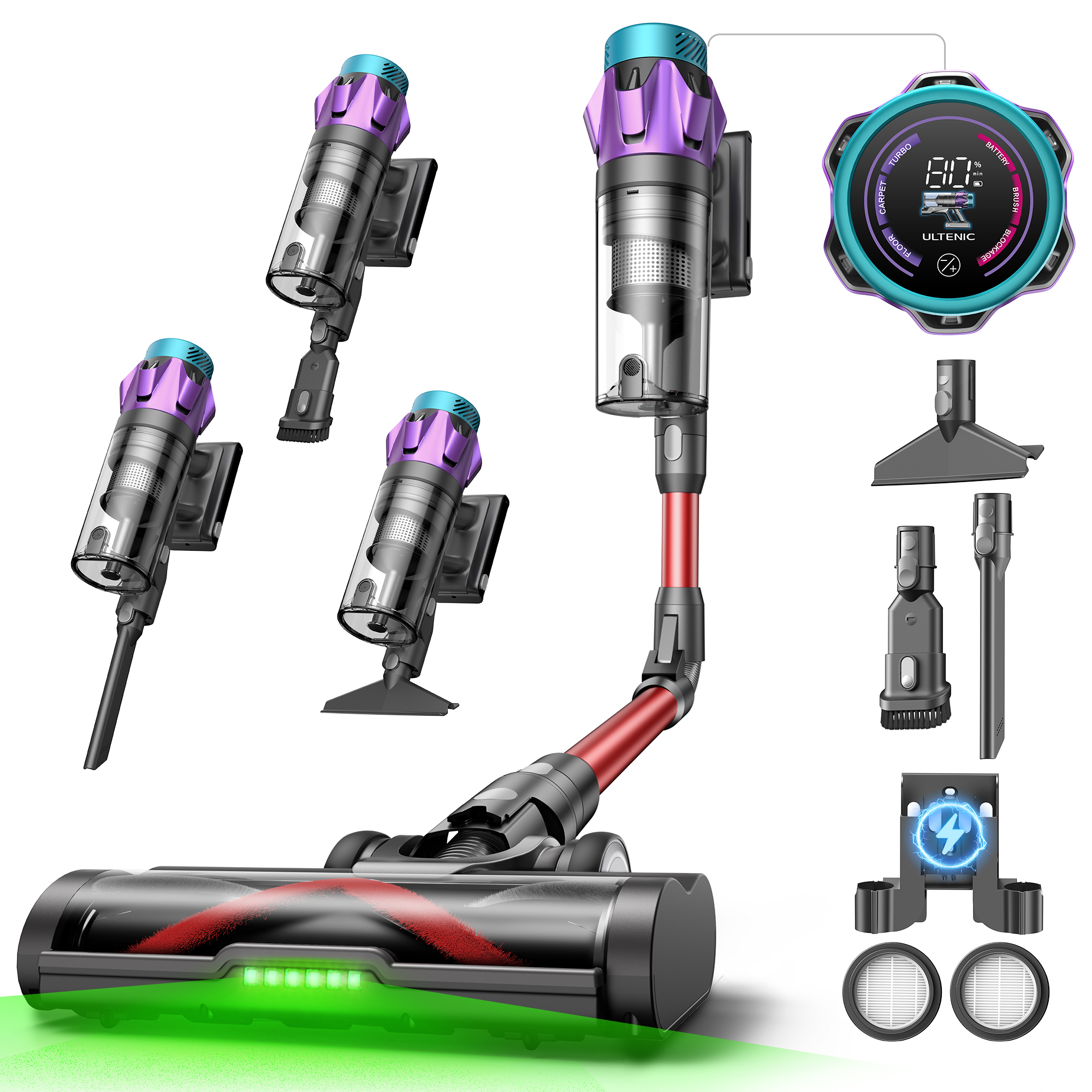 Ultenic U18 PRO,Stick Vacuum Cleaners,6-stage filtration,80-Minute Runtime,Tangle-Free Brushroll,LED illumination system,600W optimized motor,Detachable Battery,62 dB Ultra-Quiet Cleaning,Smart LED Display