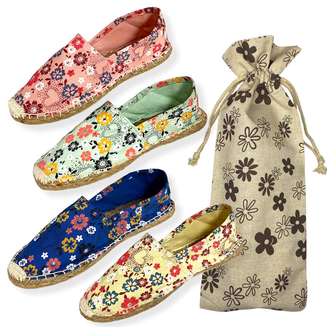 Alpargatas para bodas Flores 4 colores surtidos (12/24/36/48 pares) (Regalo Bolsa Tela Flores) mundiBODA modelo "35012