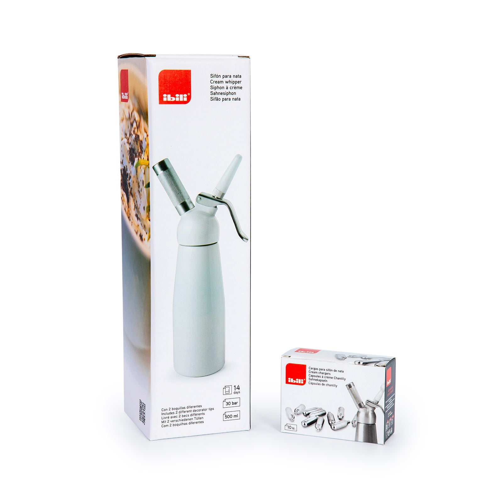 IBILI - Kit de Sifón para Nata Blanco de 0.5L en Aluminio con 3 Boquillas y 10 Cargas N20