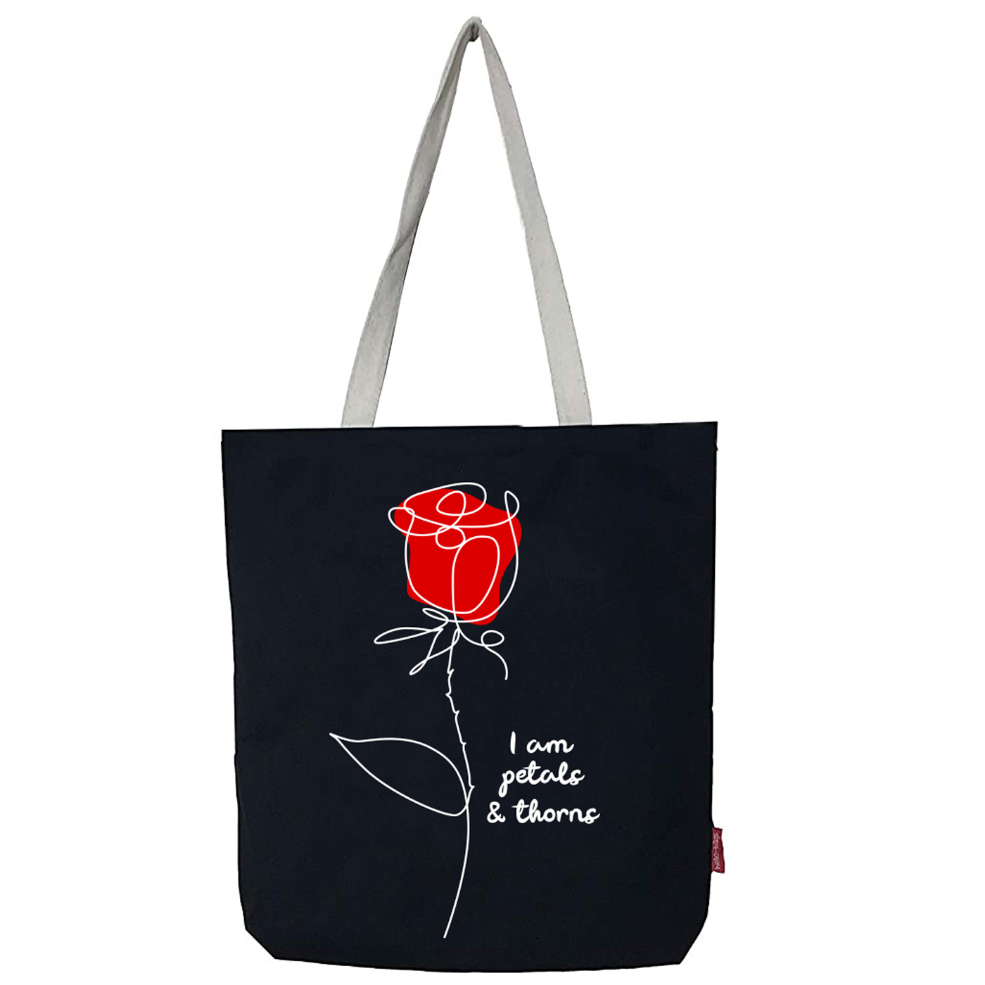 Hello-Bags. Bolso tote bag con cremallera, forro y bolsillo interior. Exterior: Algodón 100%. Incluye sobre kraft de regalo. Modelo I AM PETALS. Color: Crudo / Negro. Medidas: 37x38 cm.