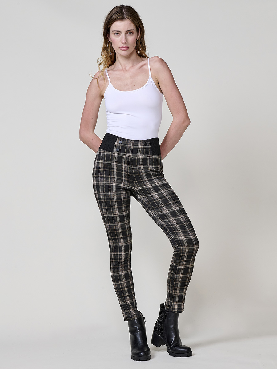 Koroshi Pantalón Leggings cuadros jacquard mujer tiro alto cintura ancha con goma .