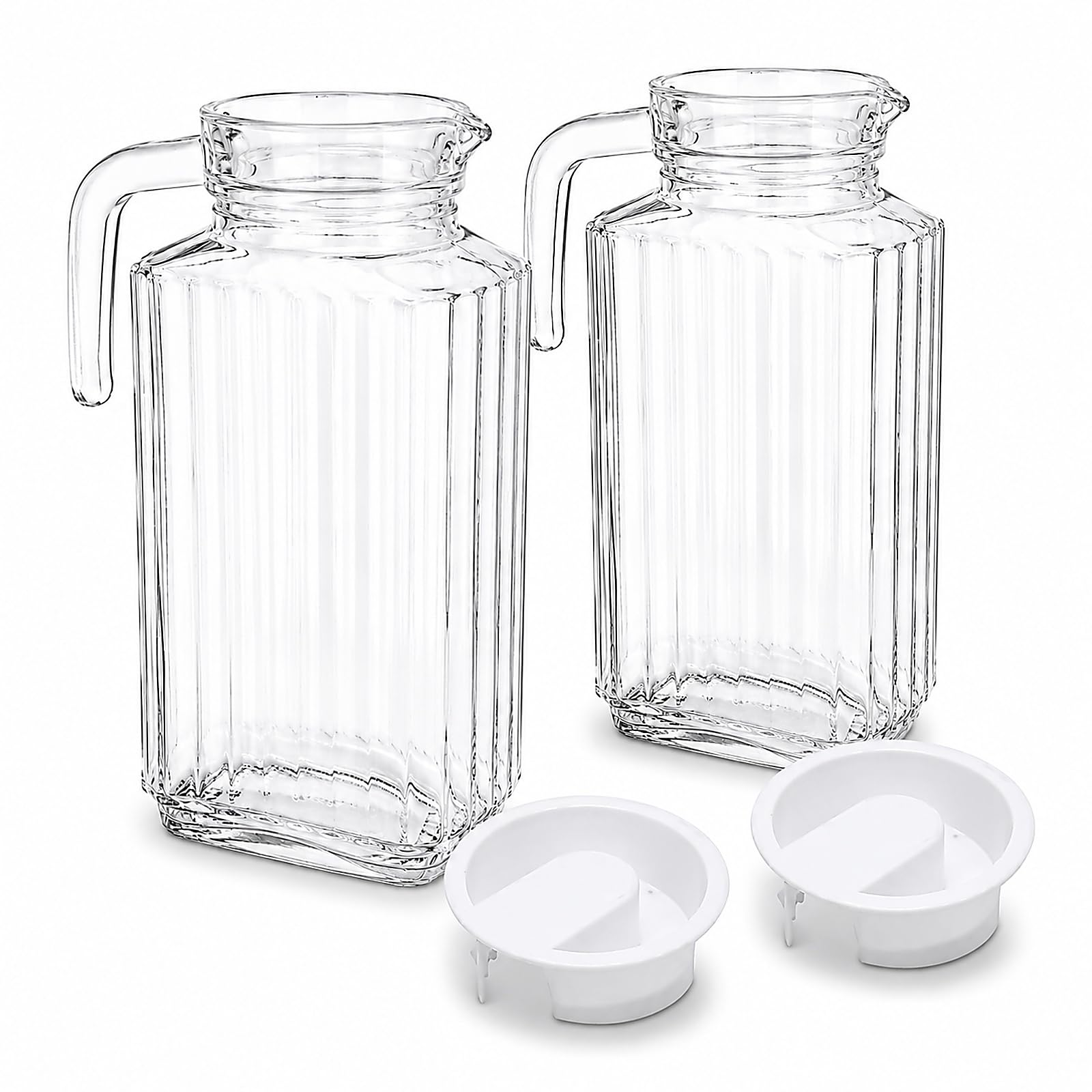 Pack de 2 Jarras de Cristal con Tapa y Asa, Diseño Cuadrado con Relieve, para Agua, Zumo e Infusiones Frías, Botella para Nevera (1,5 Litros)