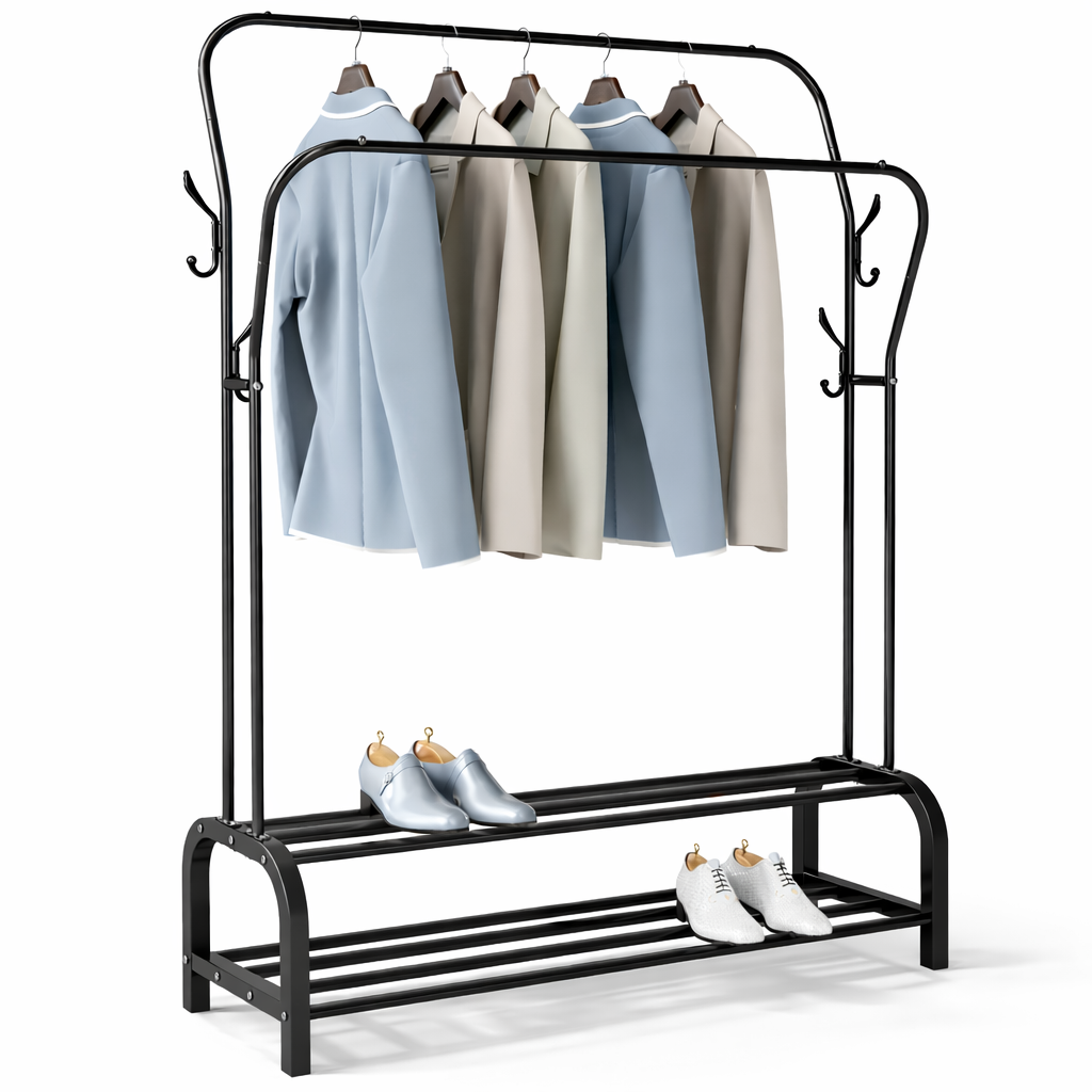 T-LoVendo Perchero Burro Doble Ropa Metálico Negro con Zapatero Inferior | Estante con Estructura Curva | Barra Colgador Resistente | Dormitorio Vestidor Entrada Organizador de Ropa y Zapatos