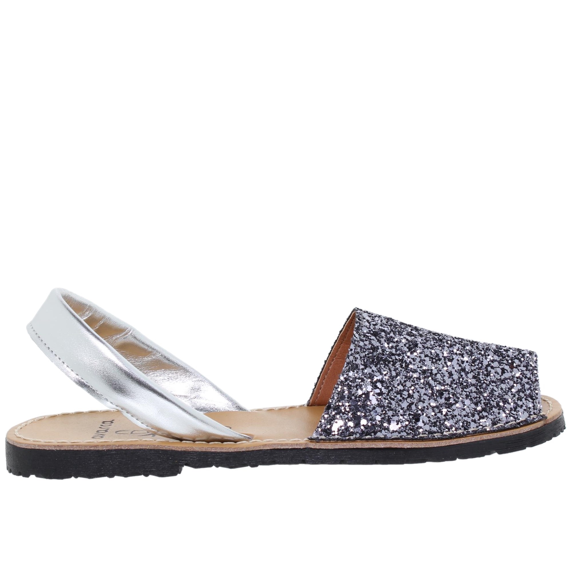 Avarcas C.ortuño 275AV - Sandalias Planas de Piel con Glitter Plomo para Mujer - Abarcas Menorquinas Mujer - 1,5 Cm Tacón