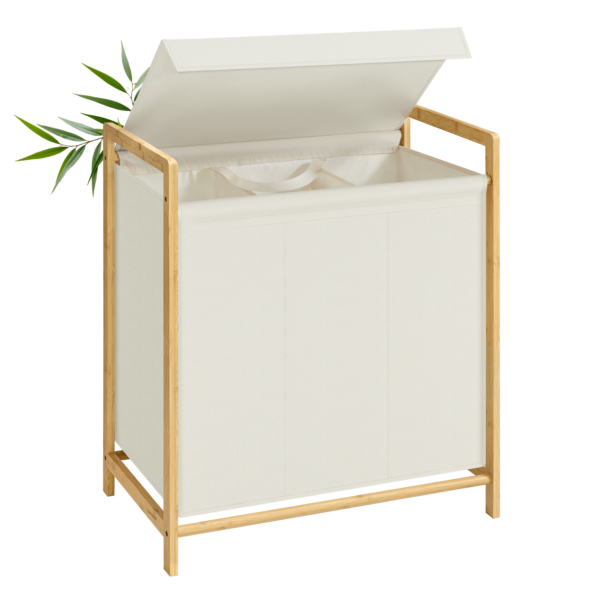 SONGMICS Cesto para Ropa Sucia de 3 Compartimentos, Marco de Bambú, Tapa Reforzada y Extraíble, Bolsa Interior Desmontable, 150 L, Blanco Crema
