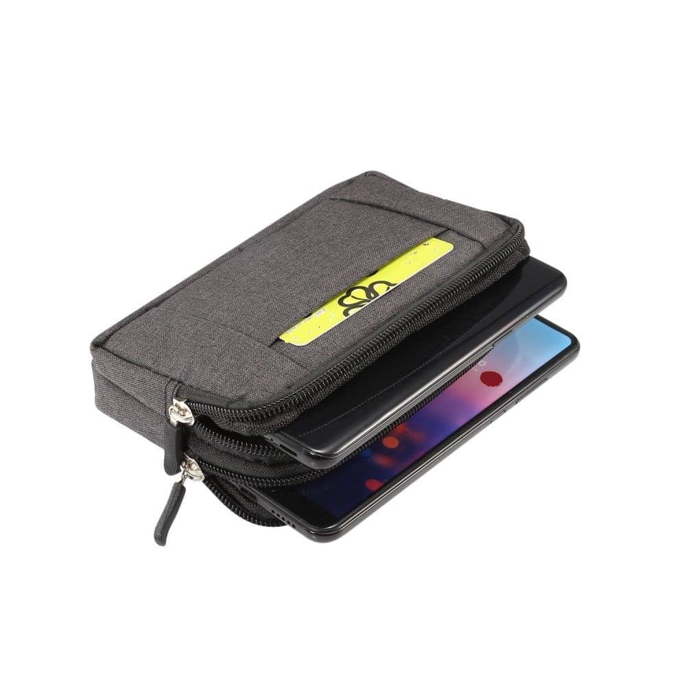 DFV mobile - Funda Cinturon Horizontal Multiusos con 2 Compartimentos de Cremallera para JIAKE JK10 (2020) - Negra (15x8cm)