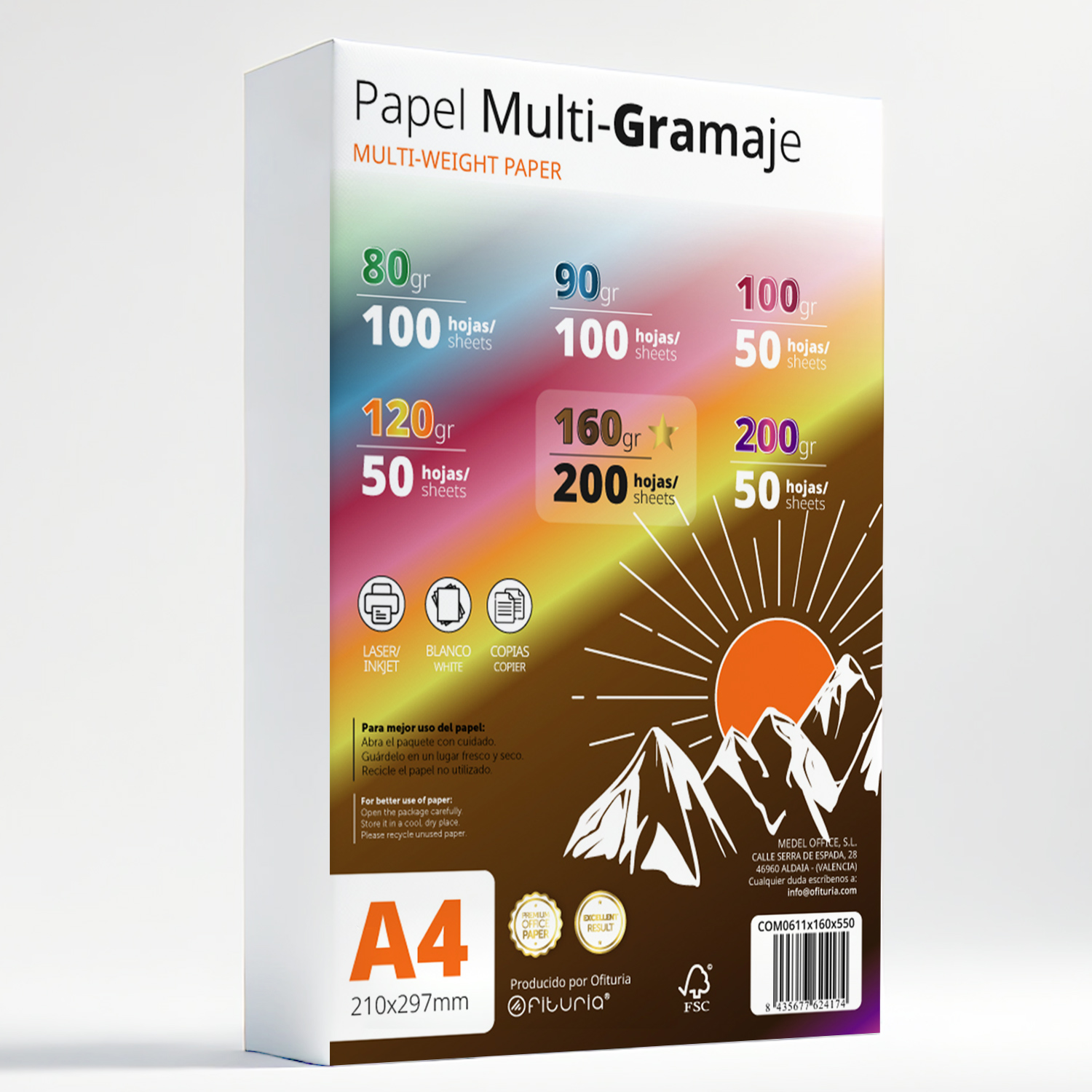 Hojas A4, Papel Multi-Gramaje para Impresora, Escribir, Dibujar o Manualidades, Folios Blancos, Papel A4 para Uso Doméstico, Escolar o Empresarial - Ofituria (Pack Multi-Gramaje 160gr+)