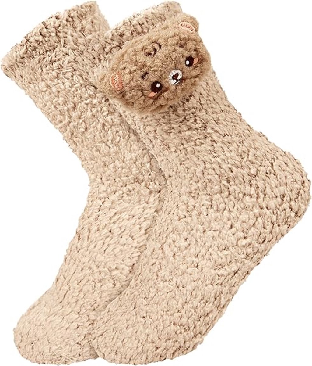 Calcetines suaves y cómodos para mujer y niña con diseño de animales adorables - Calcetines de felpa gruesos y divertidos para dormir - 1 par (35-40 color caqui)
