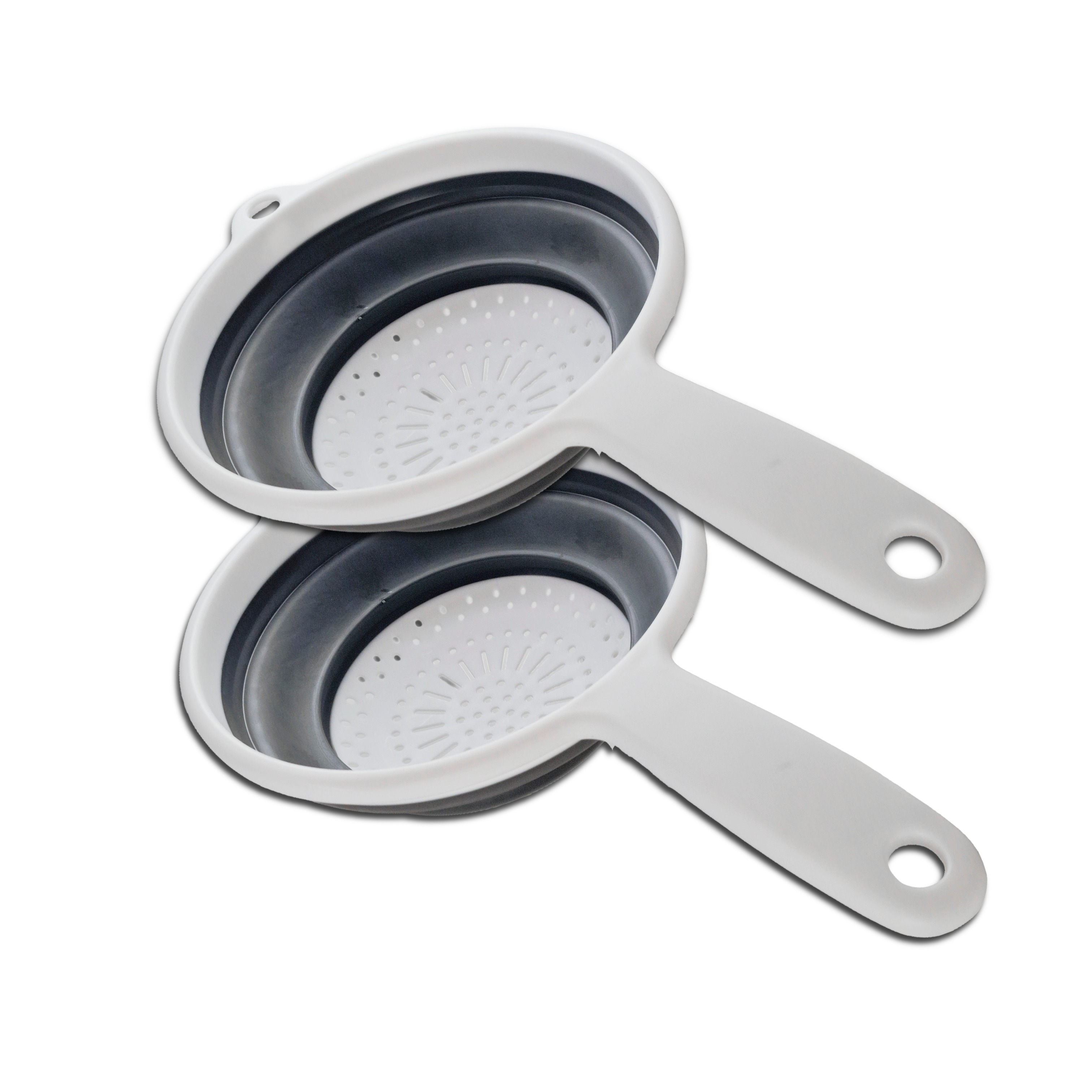 Colador Plegable de Silicona 20 cm – 2 Piezas, Escurridor Plegable con Mango/Asas, Ideal para Pasta, Verduras y Frutas – Color Blanco y Gris (COLADOR MANGO 20CM + COLADOR ASAS 20 CM)