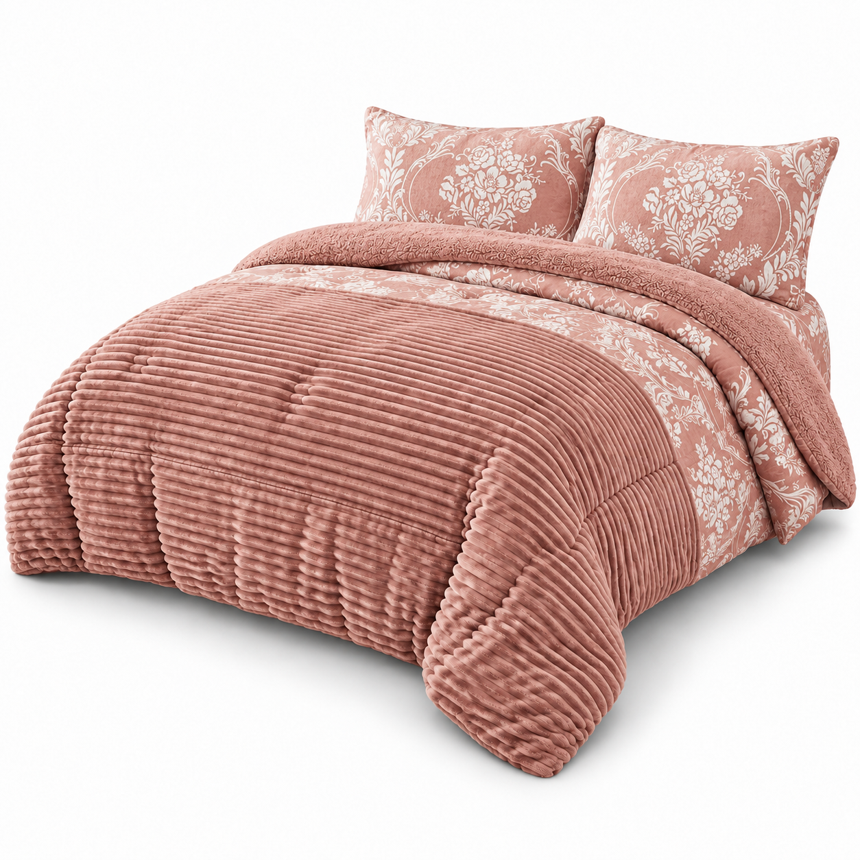 Edredón de Borreguito con Fundas de Almohada, Colcha de Invierno Cálida y Suave, Tejido de Canalé y Diseño Floral, para Cama de 90, 135 y 150 cm