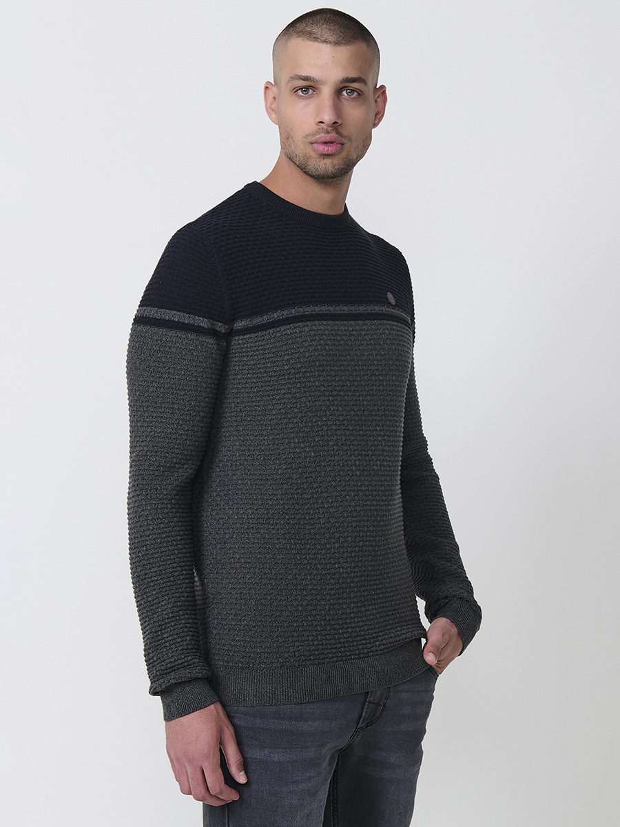 Koroshi - Jersey de punto texturizado bicolor para hombre, 100% acrílico con cuello redondo y bloque de color en canesú – Koroshi 2521TR24