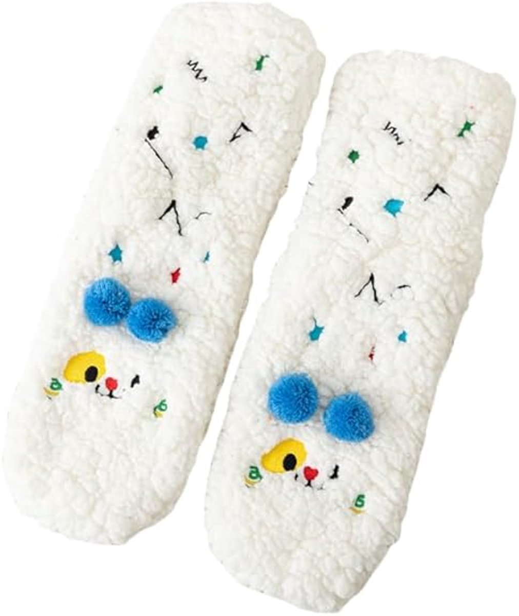 Calcetines antideslizantes y esponjosos con dibujos animados - Calcetines tipo pantufla suaves y divertidos con animales - Calcetines navideños cálidos para dormir en casa - Para mujeres y hombres - 1 par (blanco)