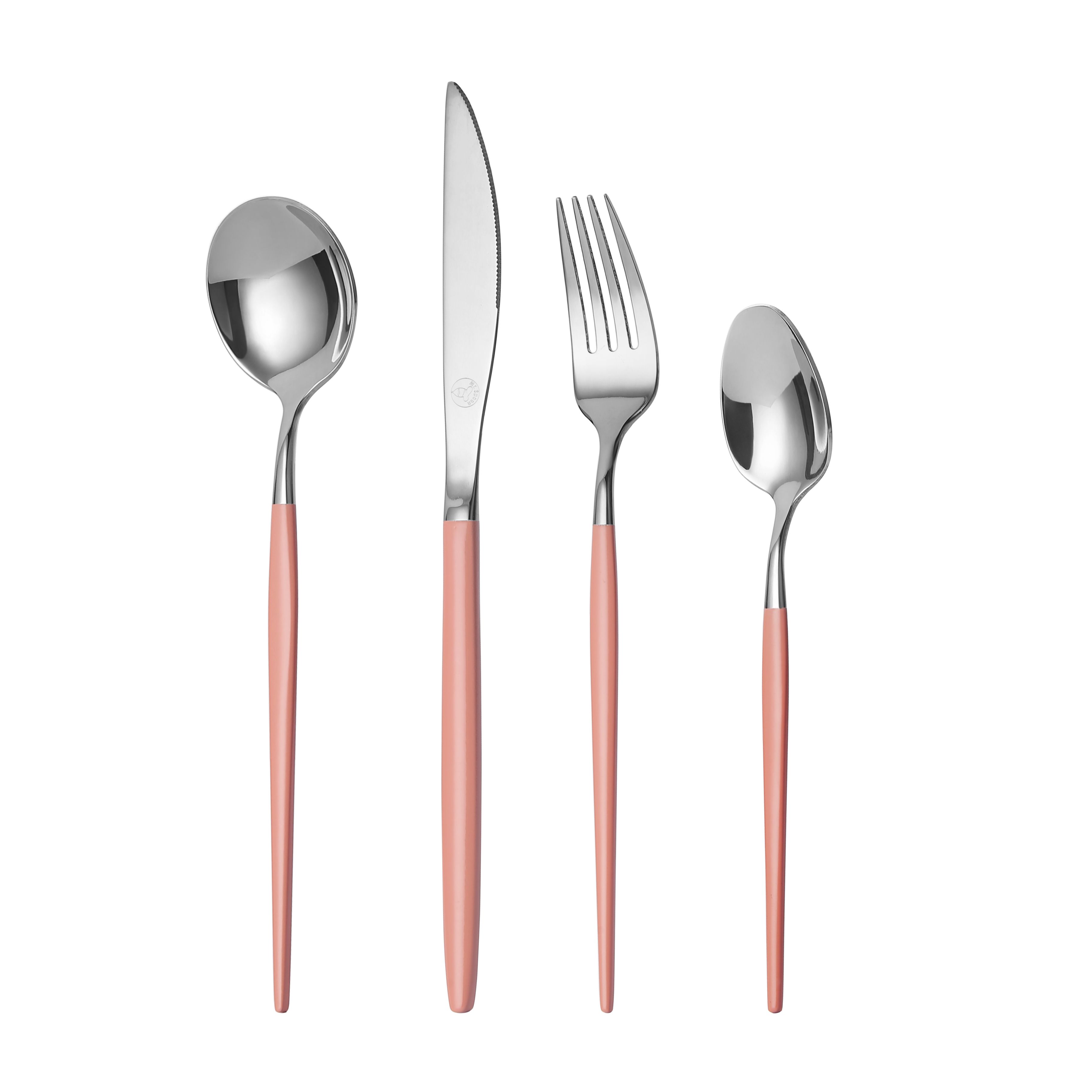 Mr.Spoon Juego 24 piezas Cubiertos, Acero inoxidable 18/0, Color Plateado, Mango rosa, Incluye cuchillo,tenedor,cuchara,cucharilla, Cubertería, Servicio para 6 Personas, Apto para lavavajillas. Ideas de regalo, Incluye bolsa de regalo.
