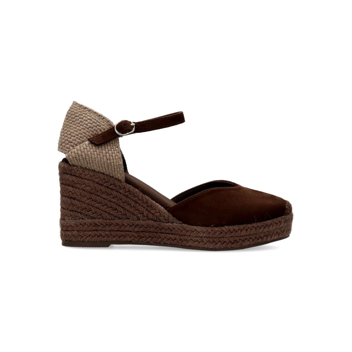 Vanessa Calzados - Alpargata cuña VANESSA en yute y piel sintética antelina para mujer, estilo valenciano clásico con cierre de hebilla, altura 7,5 cm, color taupe