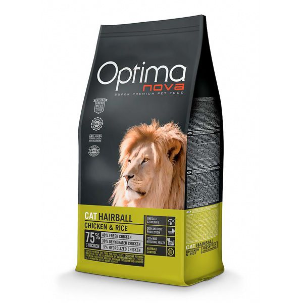 Optima Nova – Pienso para gatos adultos Optima Nova Hairball pollo y arroz. 2 Kg