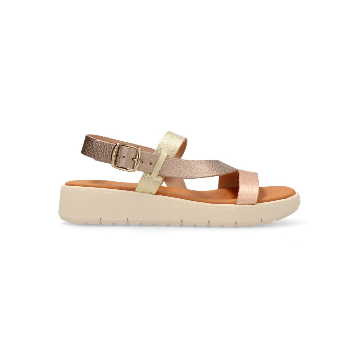 Vanessa Calzados - Sandalias de tiras para mujer con cuña de 3,5 cm, piel metalizada y cierre de hebilla al tobillo, diseño cómodo y fácil de combinar