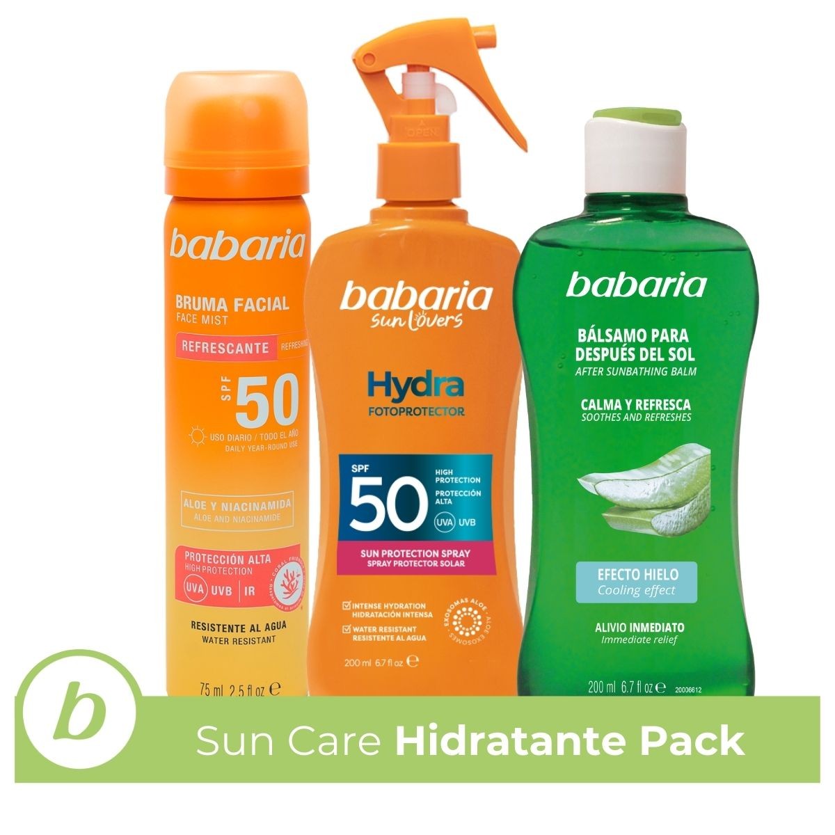 Babaria - Bruma Facial Protector Solar 50 + Protector Solar 30 Cuerpo en Spray | Hidratación y Protección Corporal Con Exoxomas|Coral Friendly Y Biodegradable | Resistente al Agua| Vegano | 75 ml