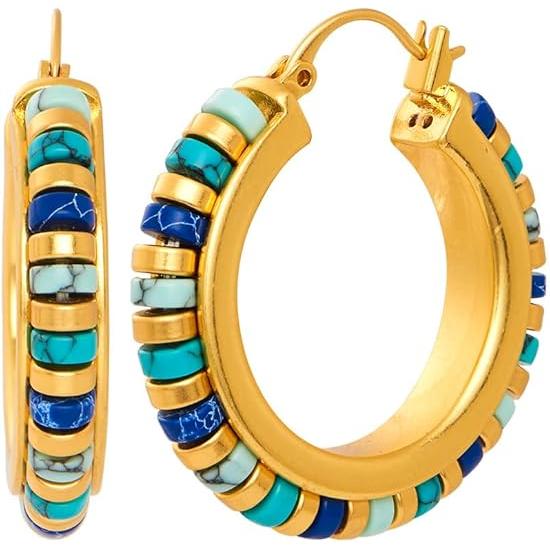 Pendientes de aro vintage de turquesa, estilo mujer, pendientes de aro medianos bañados en oro