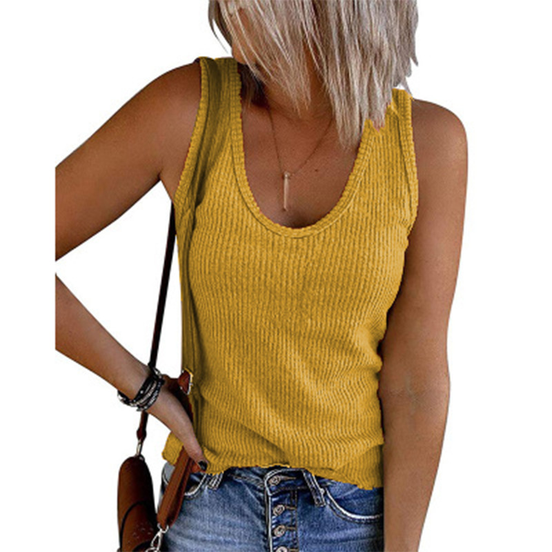 TK Chaleco Sin Mangas Para Mujer Estilo Callejero De Primavera Y Verano Cuello En U Tejido Ribeteado Suéter De Algodón De Color Sólido